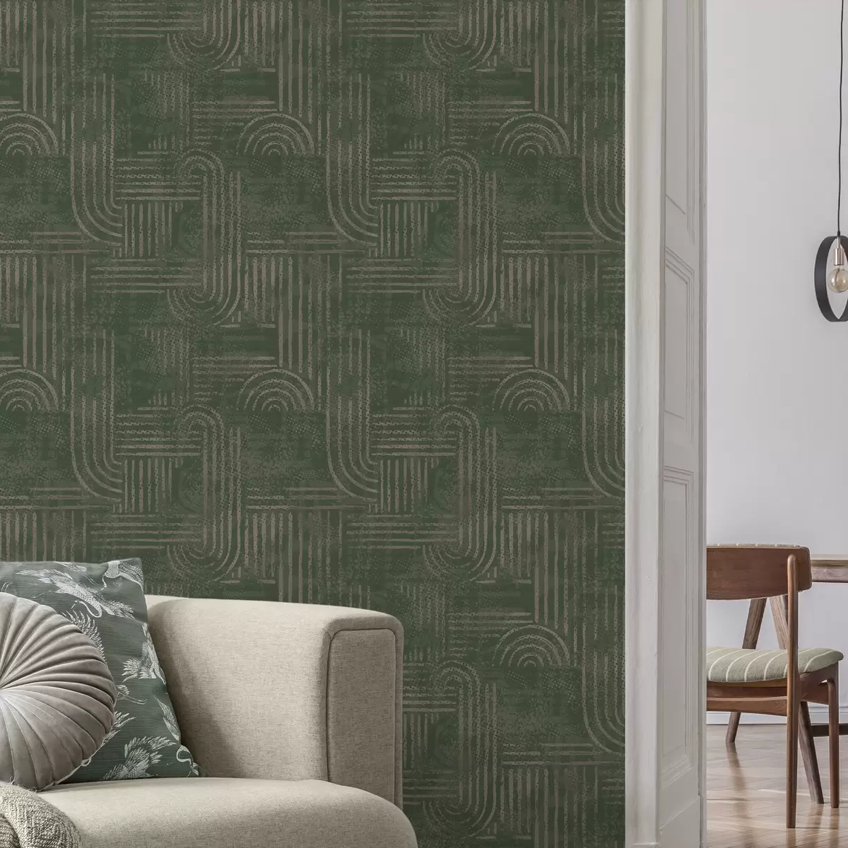 Papier peint Motif géométrique avec des arcs dans une palette verte a00697