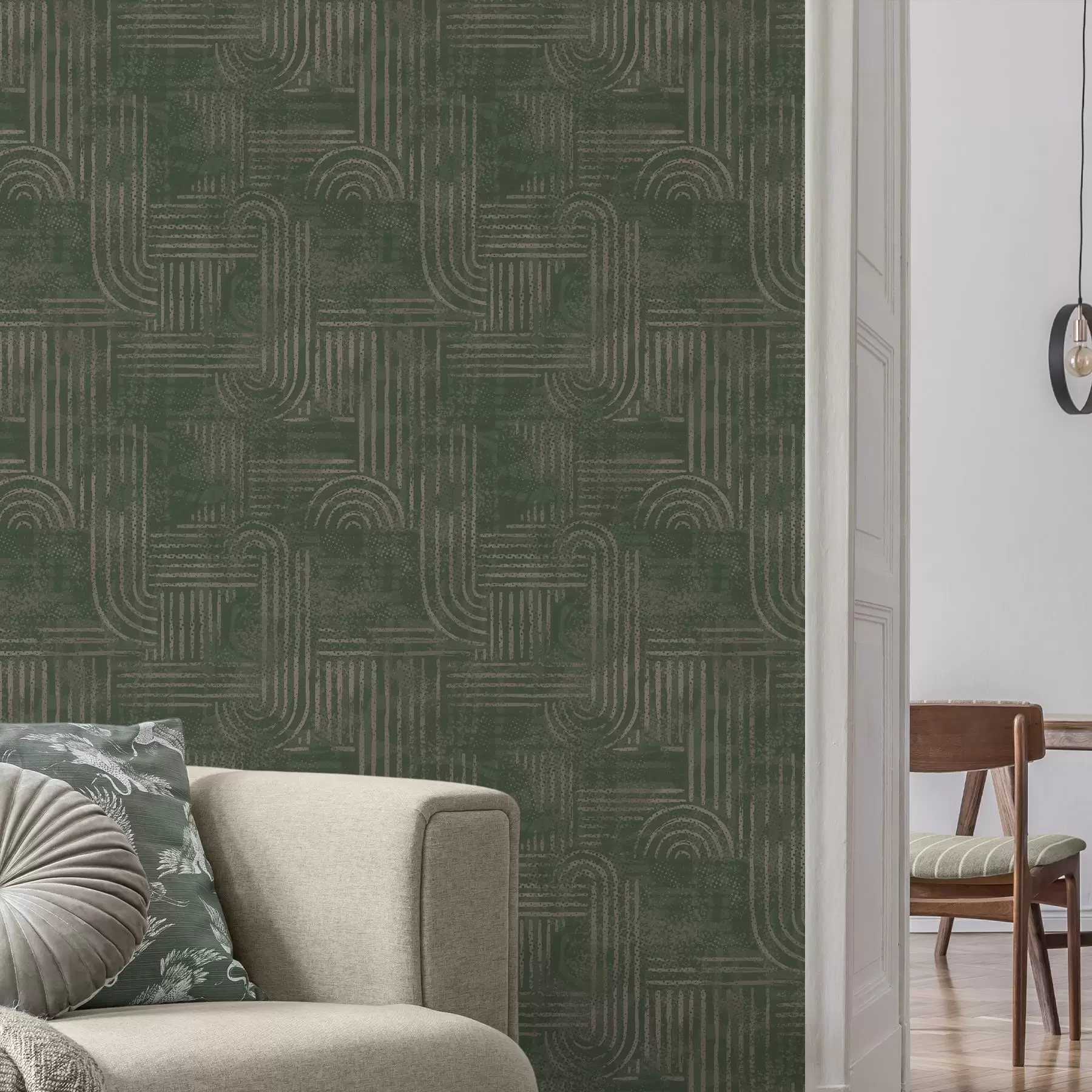 Papier peint Motif géométrique avec des arcs dans une palette verte a00697
