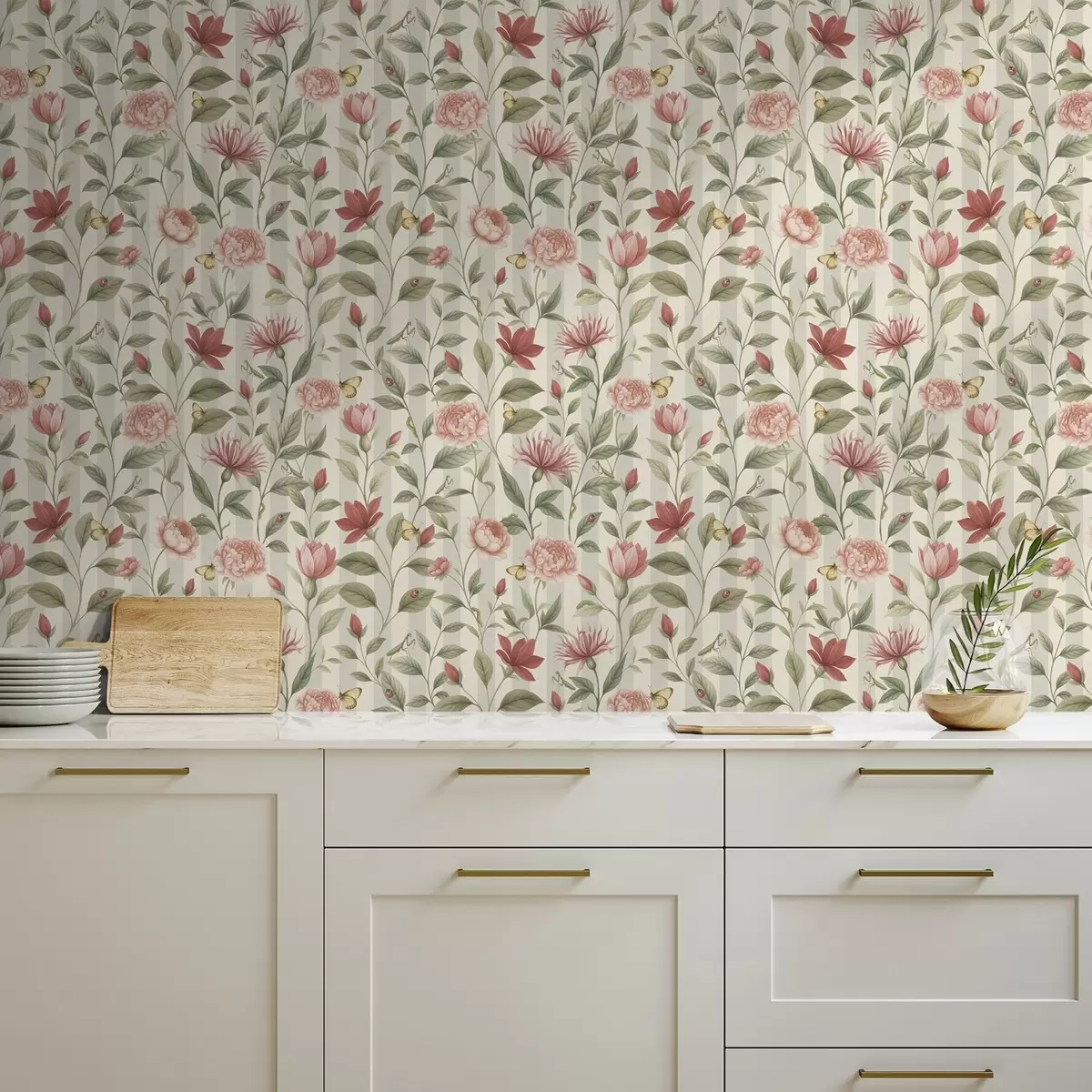 Papier peint Tiges florales avec papillons sur fond clair a00698
