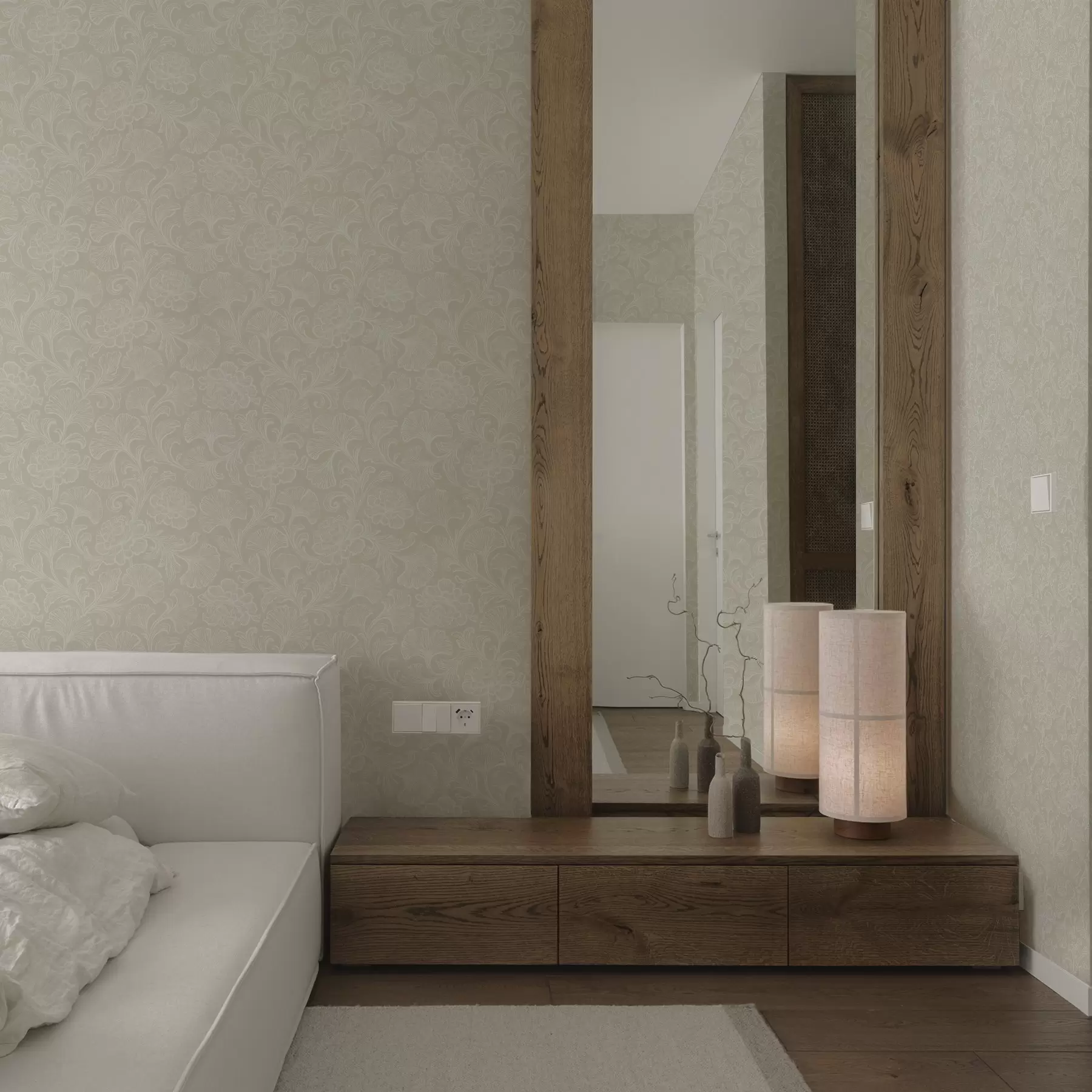 Papier peint Motif lumineux avec ginkgo et pivoines a00700