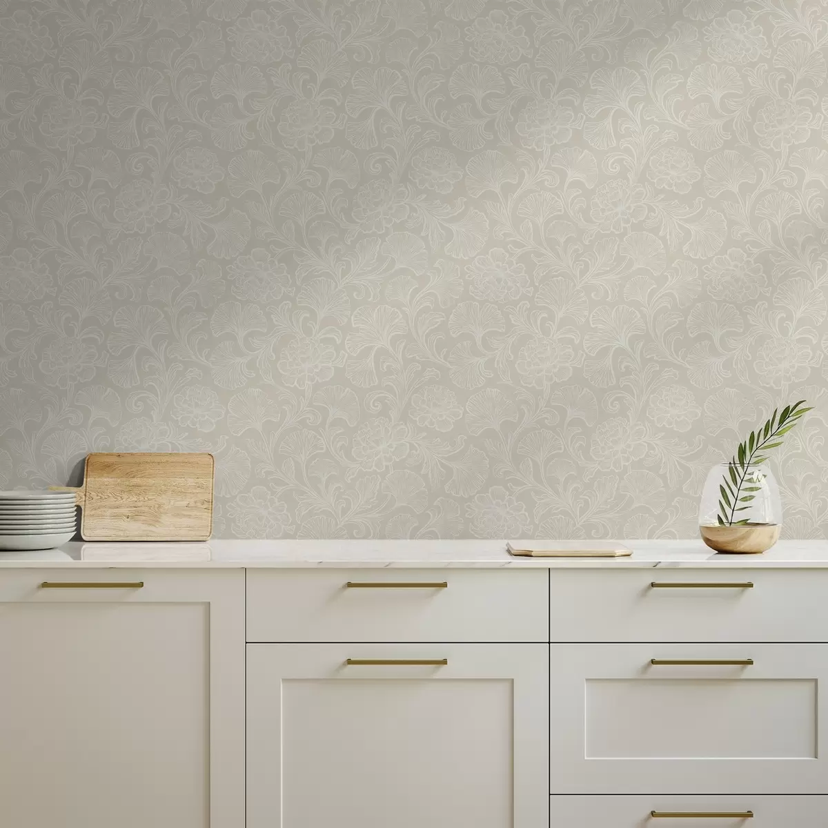 Papier peint Motif lumineux avec ginkgo et pivoines a00700
