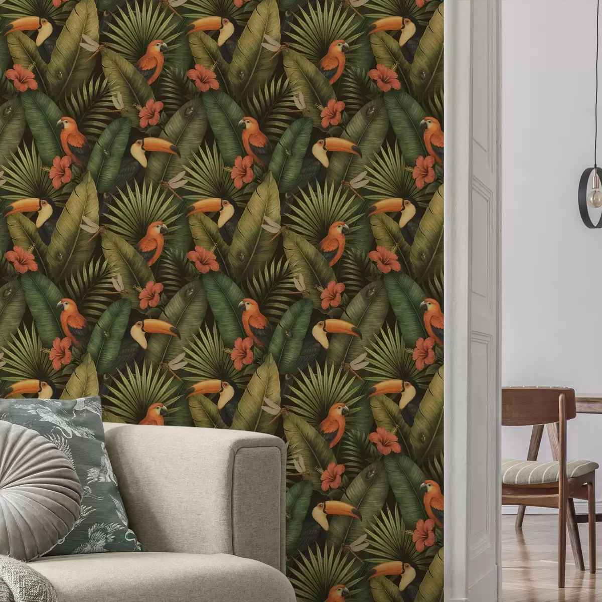 Papier peint Toucan et perroquets parmi la végétation tropicale et les fleurs a00702