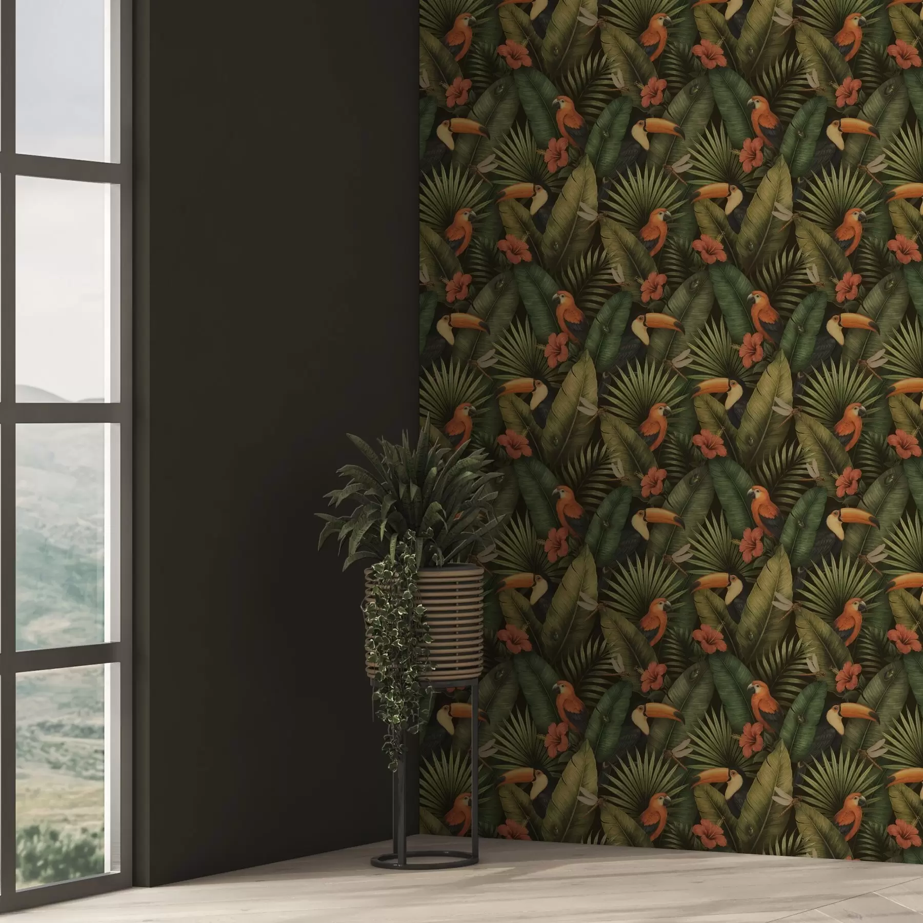 Papier peint Toucan et perroquets parmi la végétation tropicale et les fleurs a00702