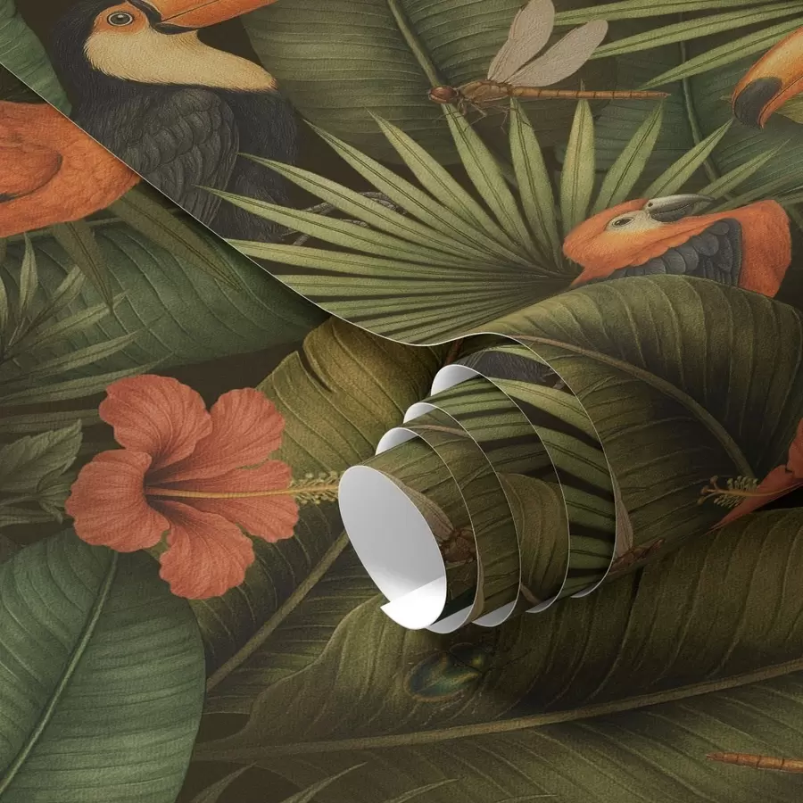 Papier peint Toucan et perroquets parmi la végétation tropicale et les fleurs a00702