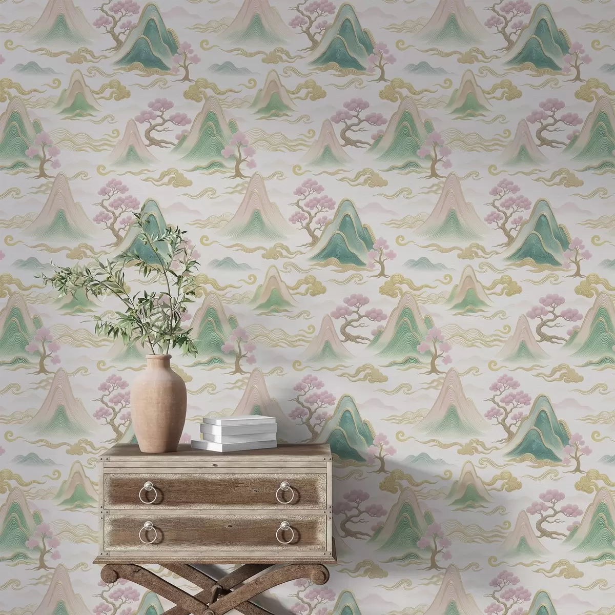 Papier peint Montagnes, nuages et pins dans un style décoratif oriental a00703
