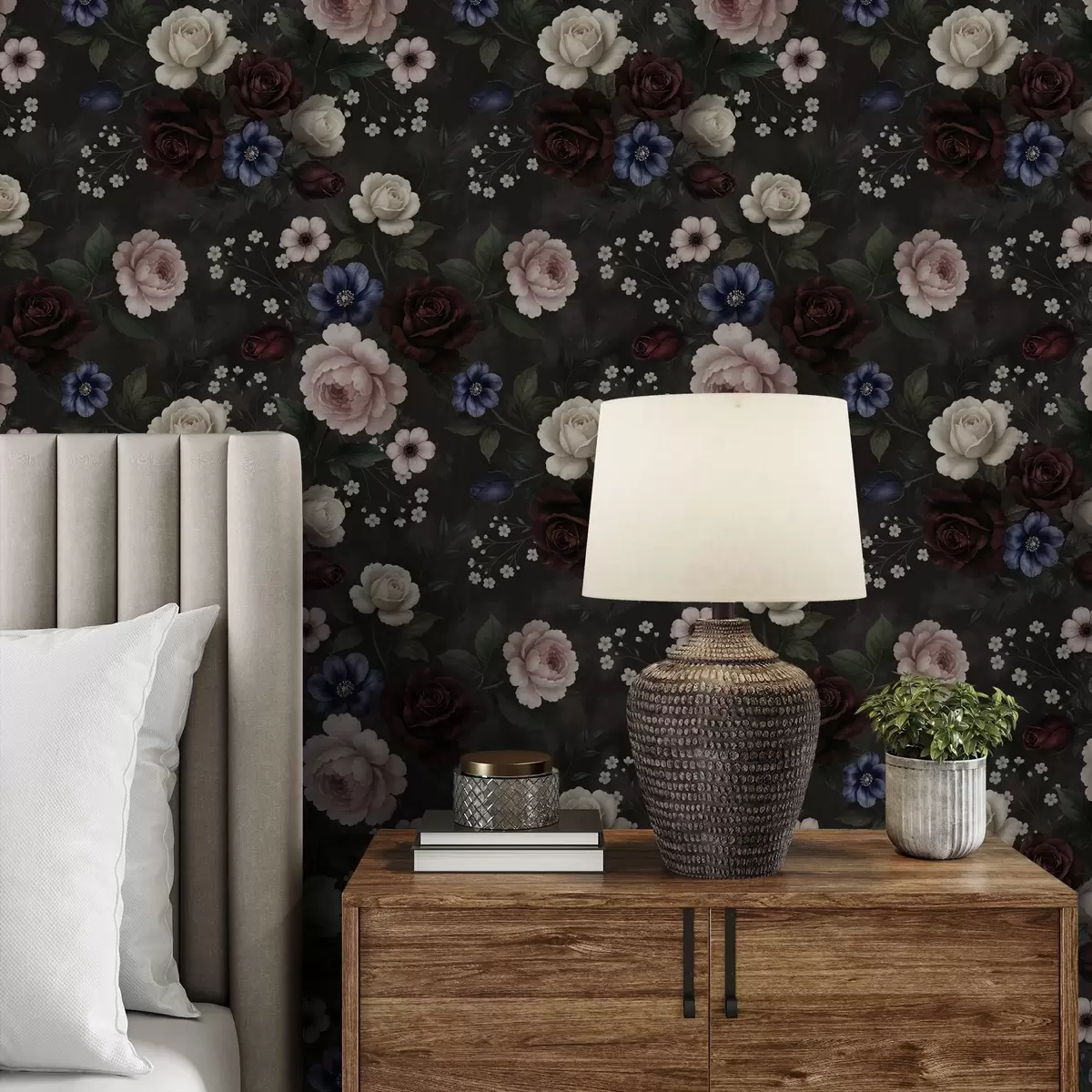 Papier peint Roses foncées, anémones et pivoines sur fond sombre a00704