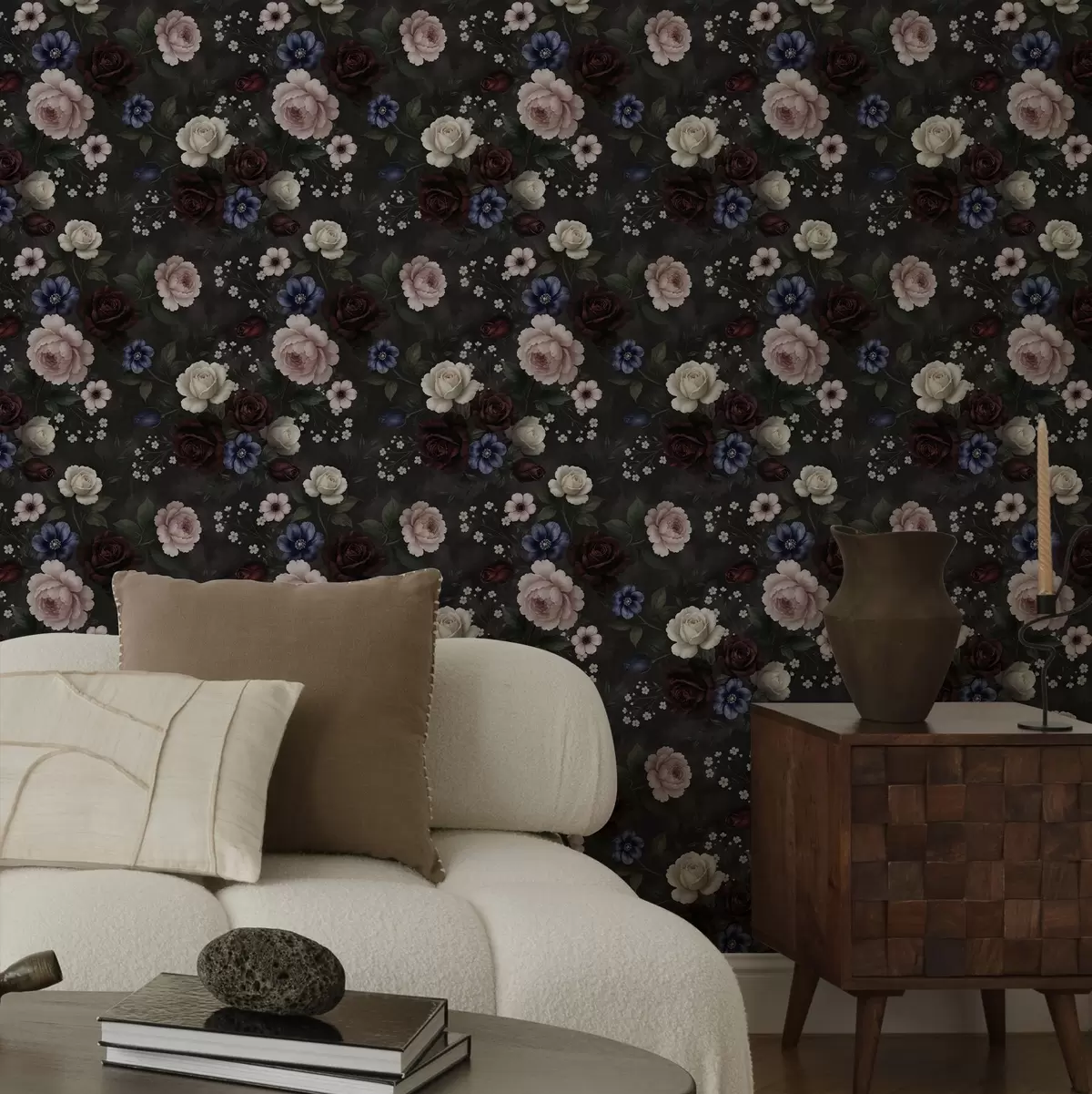 Papier peint Roses foncées, anémones et pivoines sur fond sombre a00704