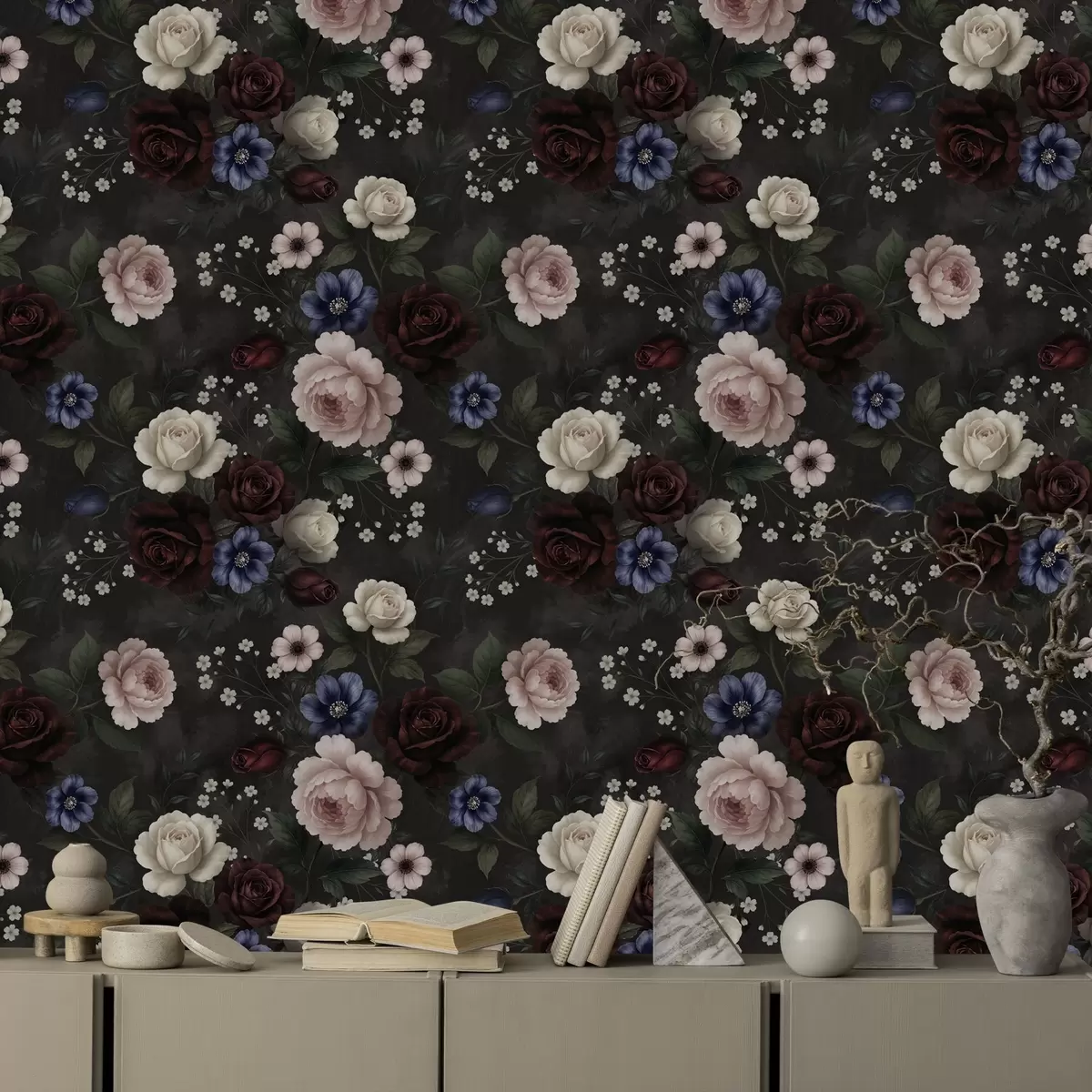 Papier peint Roses foncées, anémones et pivoines sur fond sombre a00704