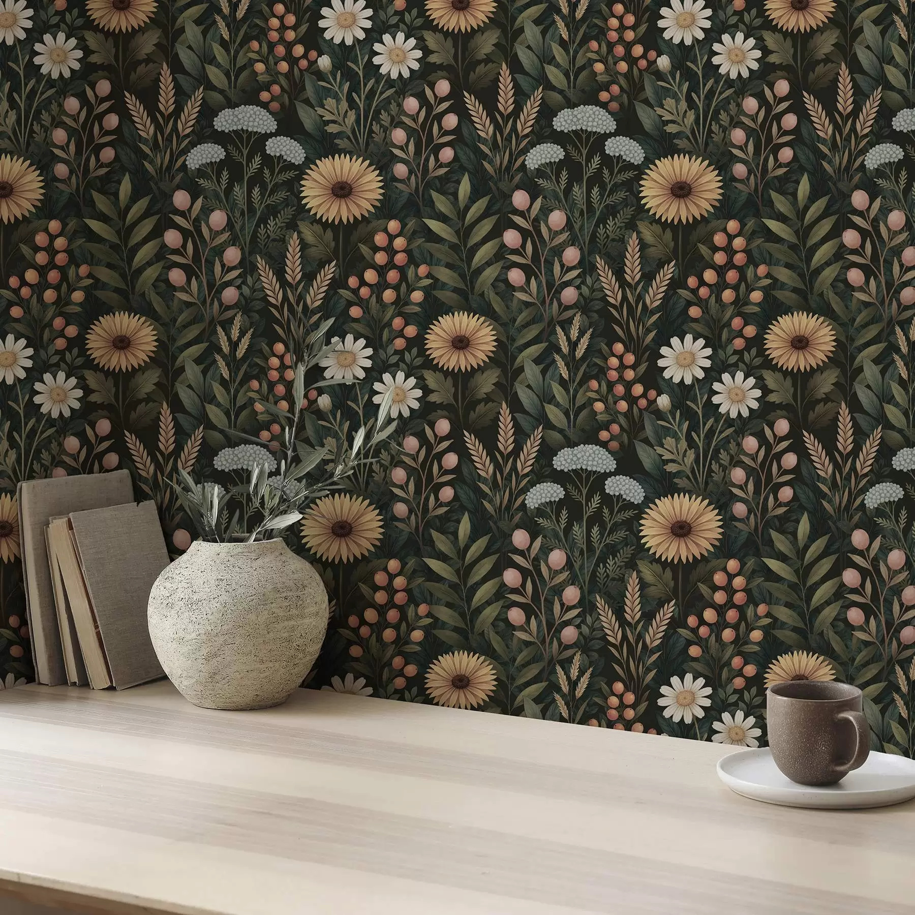 Papier peint Fleurs sauvages et baies sur fond sombre, motif naturel a00707