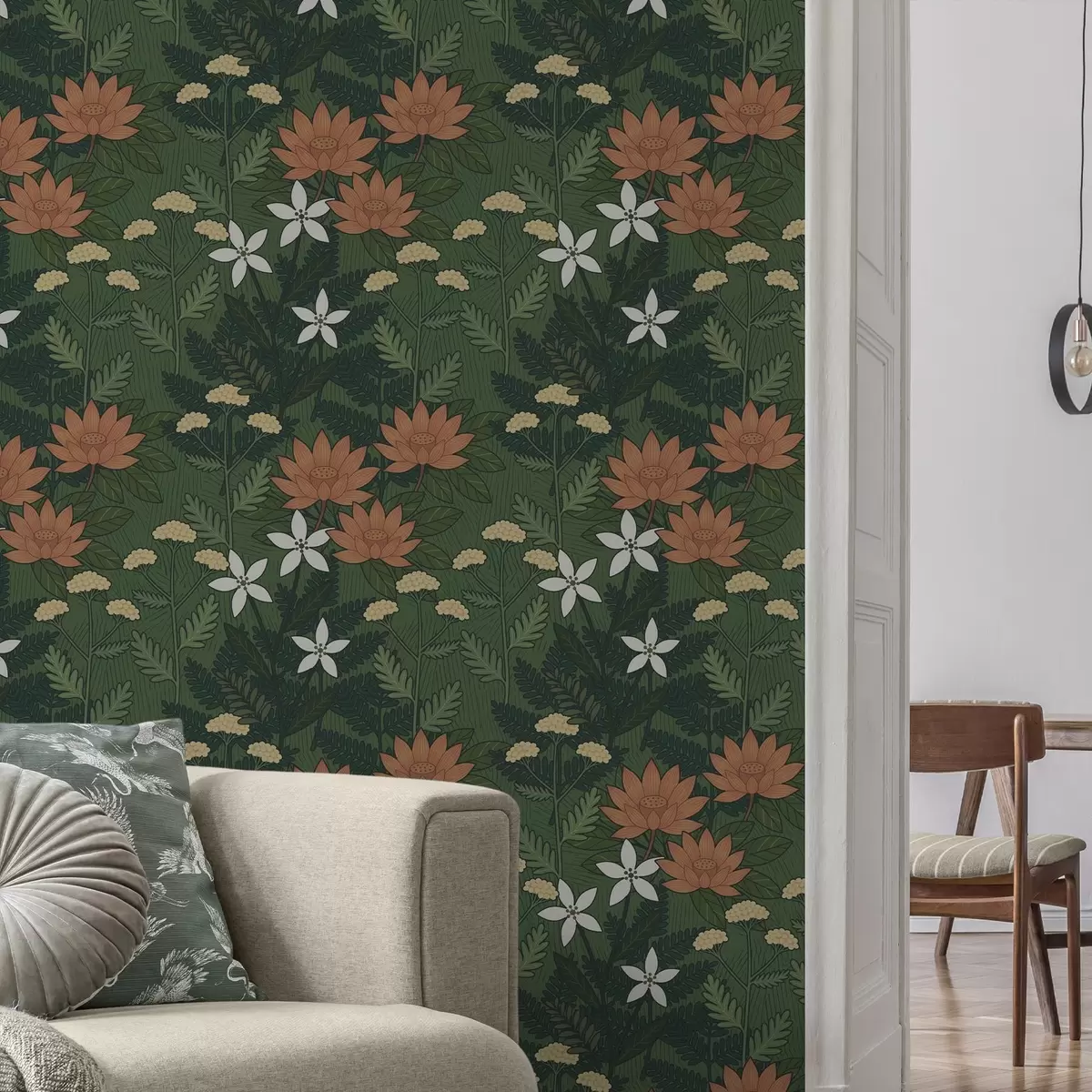 Papier peint Grandes fleurs parmi le feuillage vert, composition décorative a00708