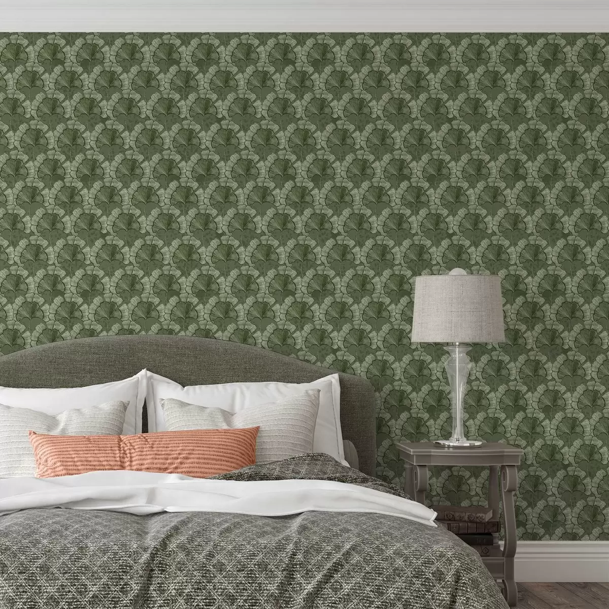 Papier peint Motif graphique avec des ginkgos dans une palette de verts froids a00709