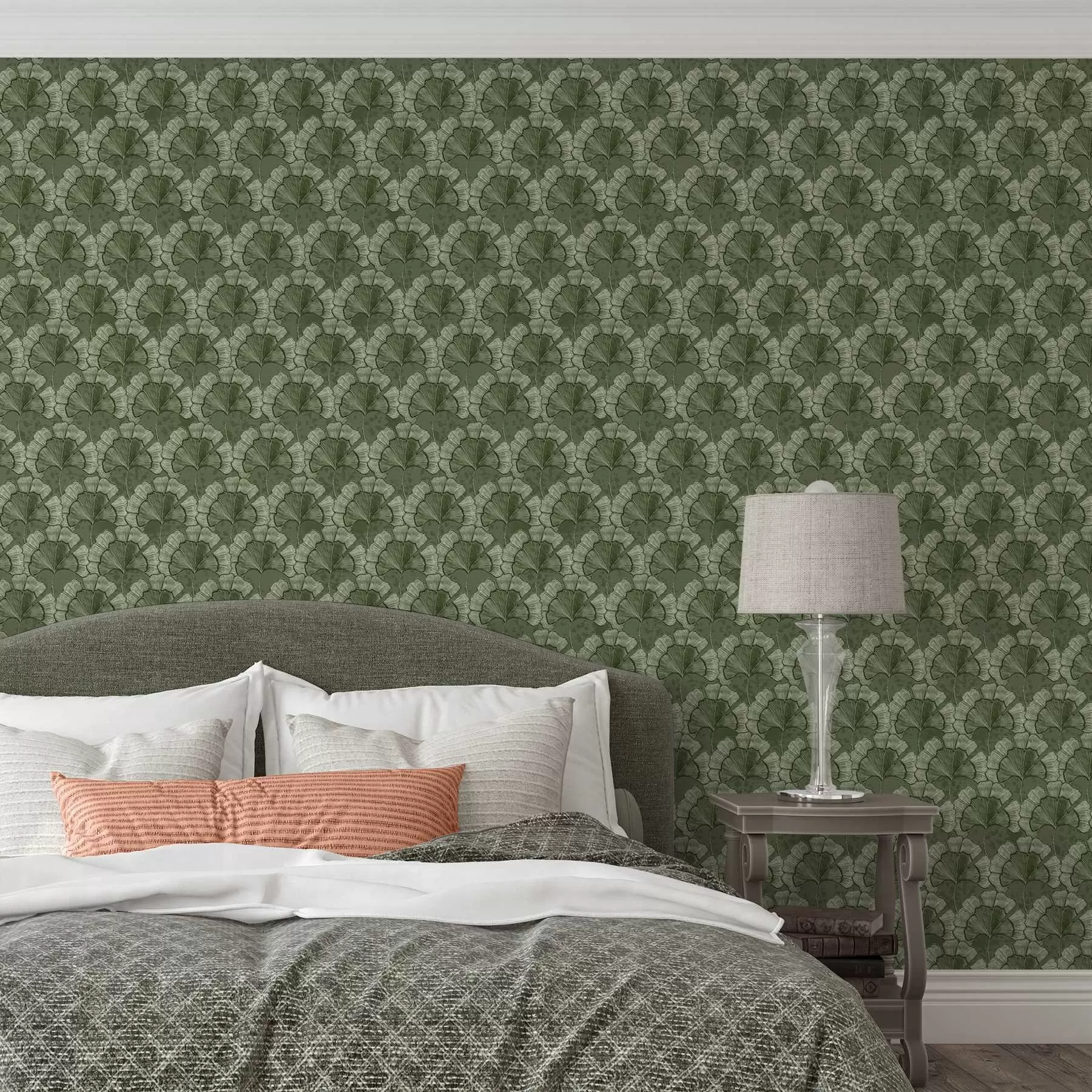 Papier peint Motif graphique avec des ginkgos dans une palette de verts froids a00709