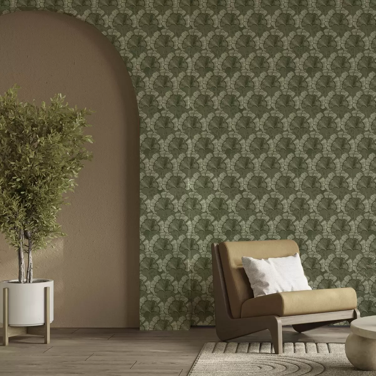 Papier peint Motif graphique avec des ginkgos dans une palette de verts froids a00709