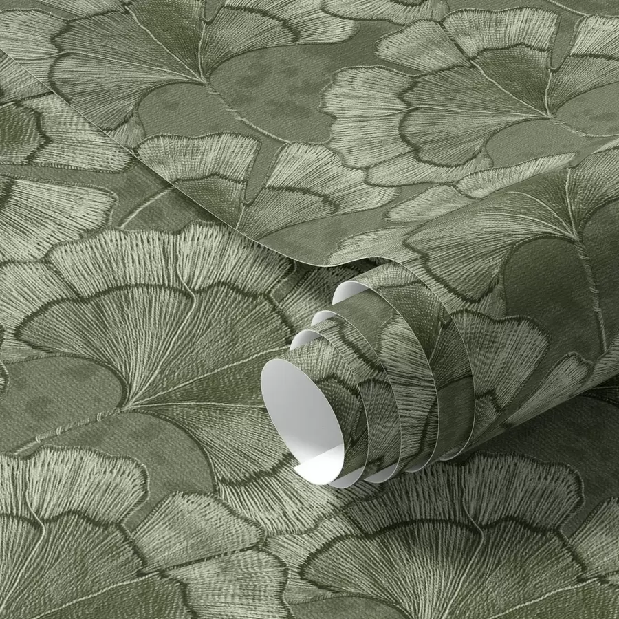 Papier peint Motif graphique avec des ginkgos dans une palette de verts froids a00709