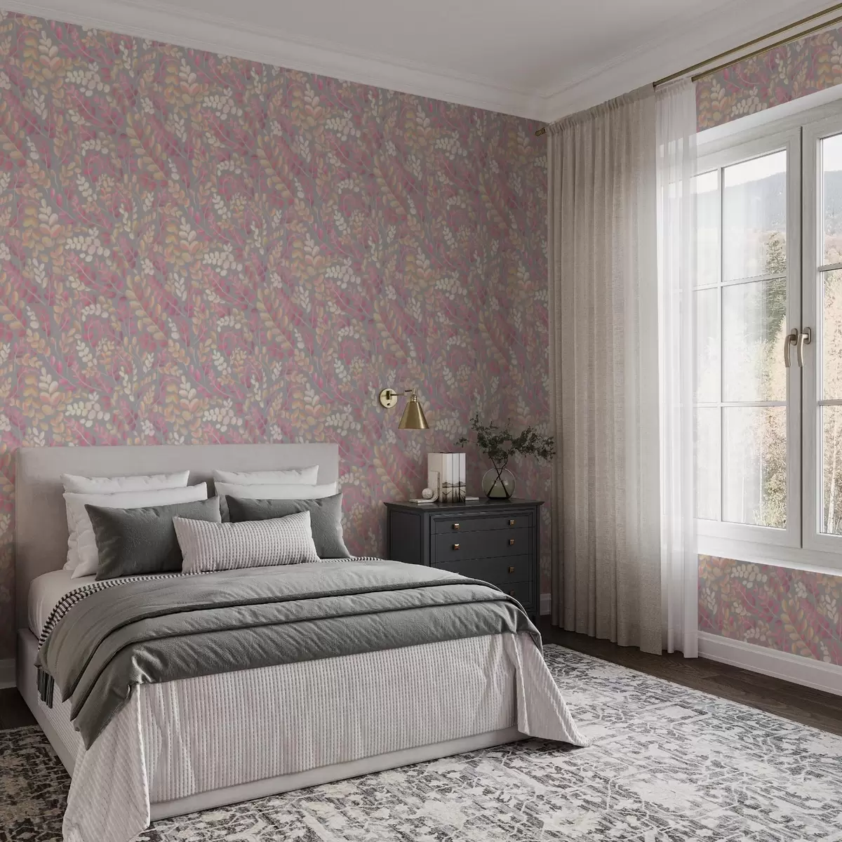 Papier peint Branches pastel avec feuillage rose-pêche sur fond gris a00799v1