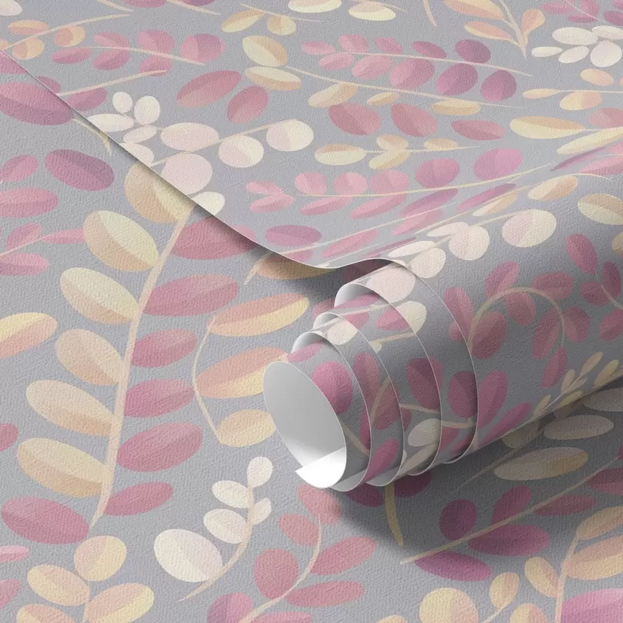 Papier peint Branches pastel avec feuillage rose-pêche sur fond gris a00799v1