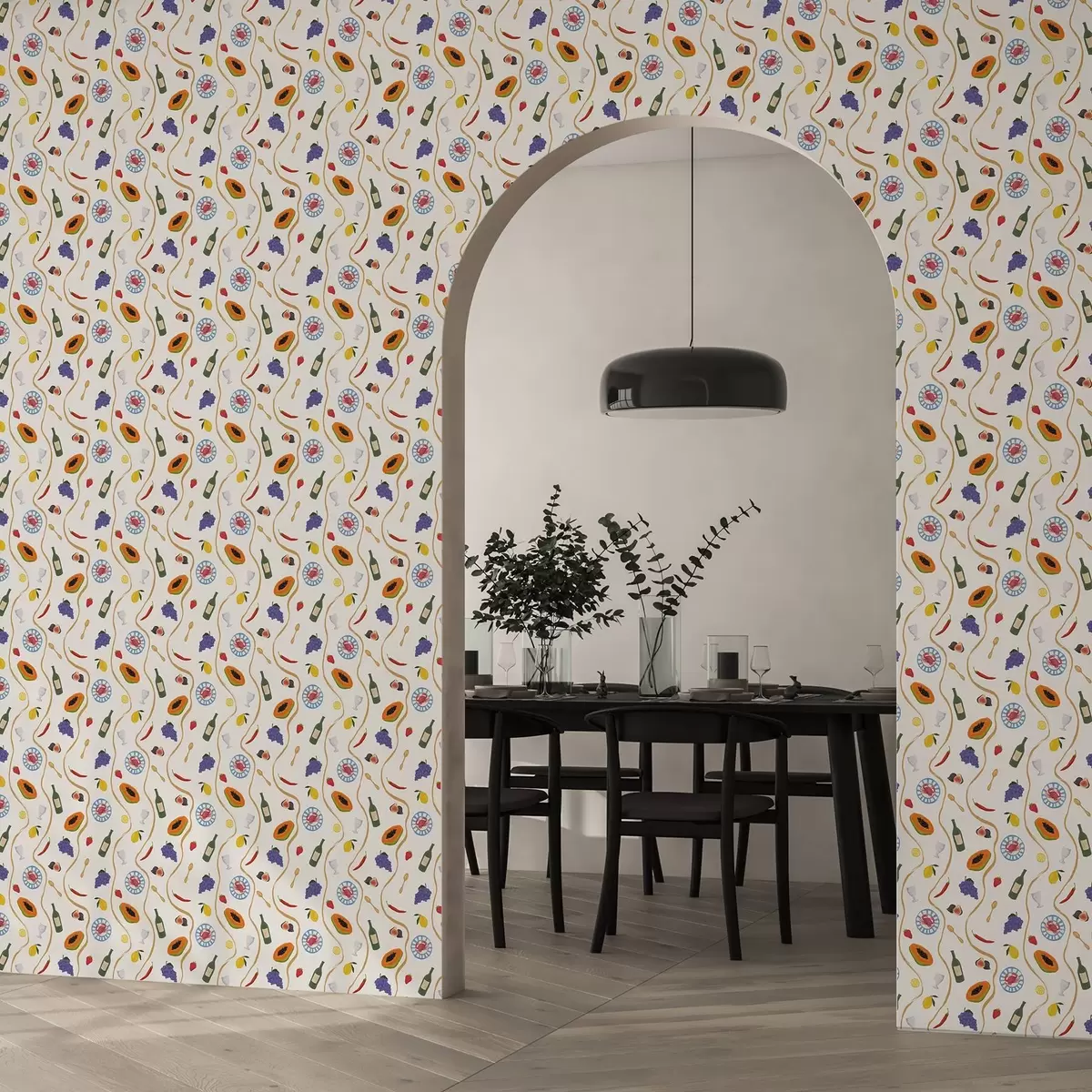 Papier peint Bouteilles, papayes, citrons et épices sur fond clair a00802