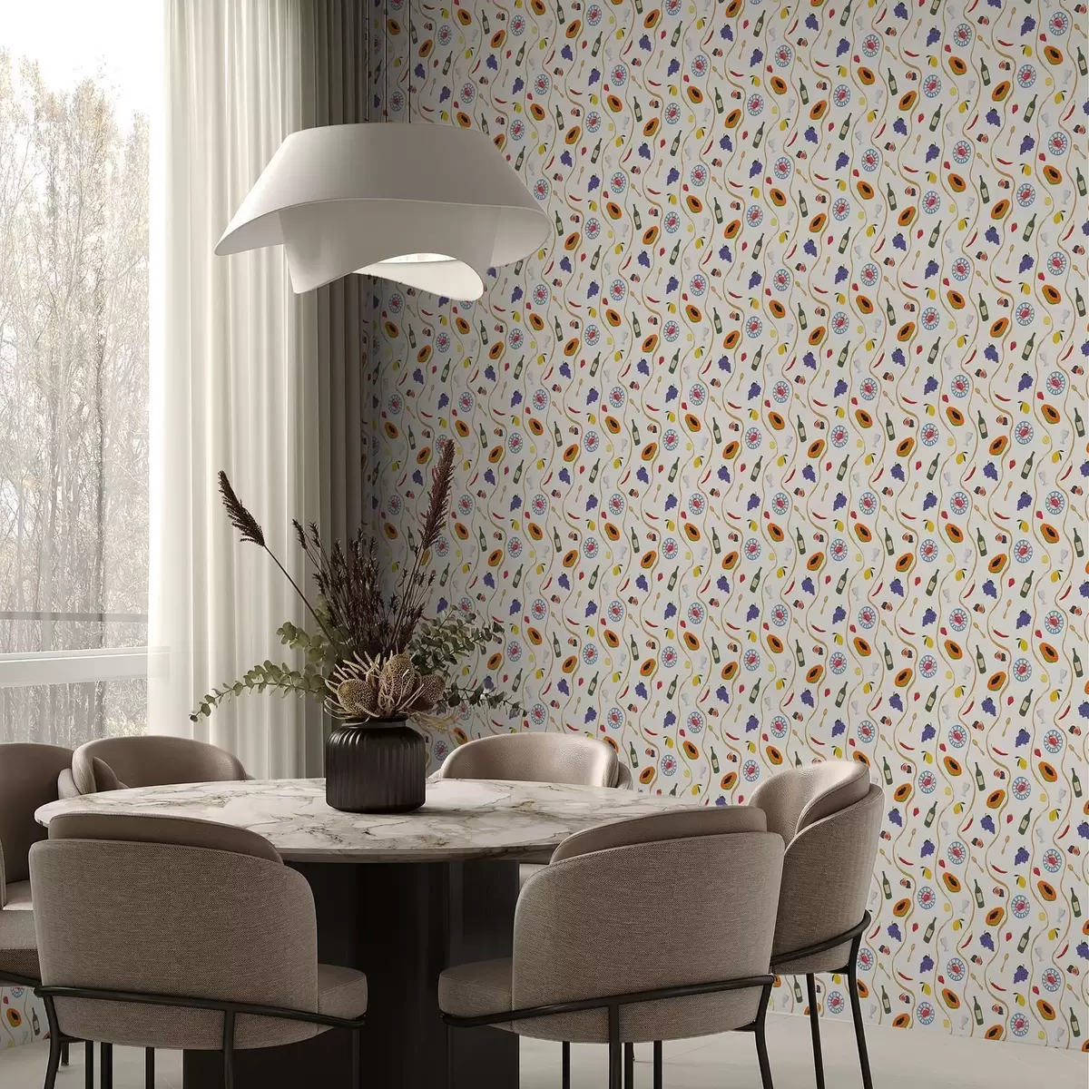 Papier peint Bouteilles, papayes, citrons et épices sur fond clair a00802