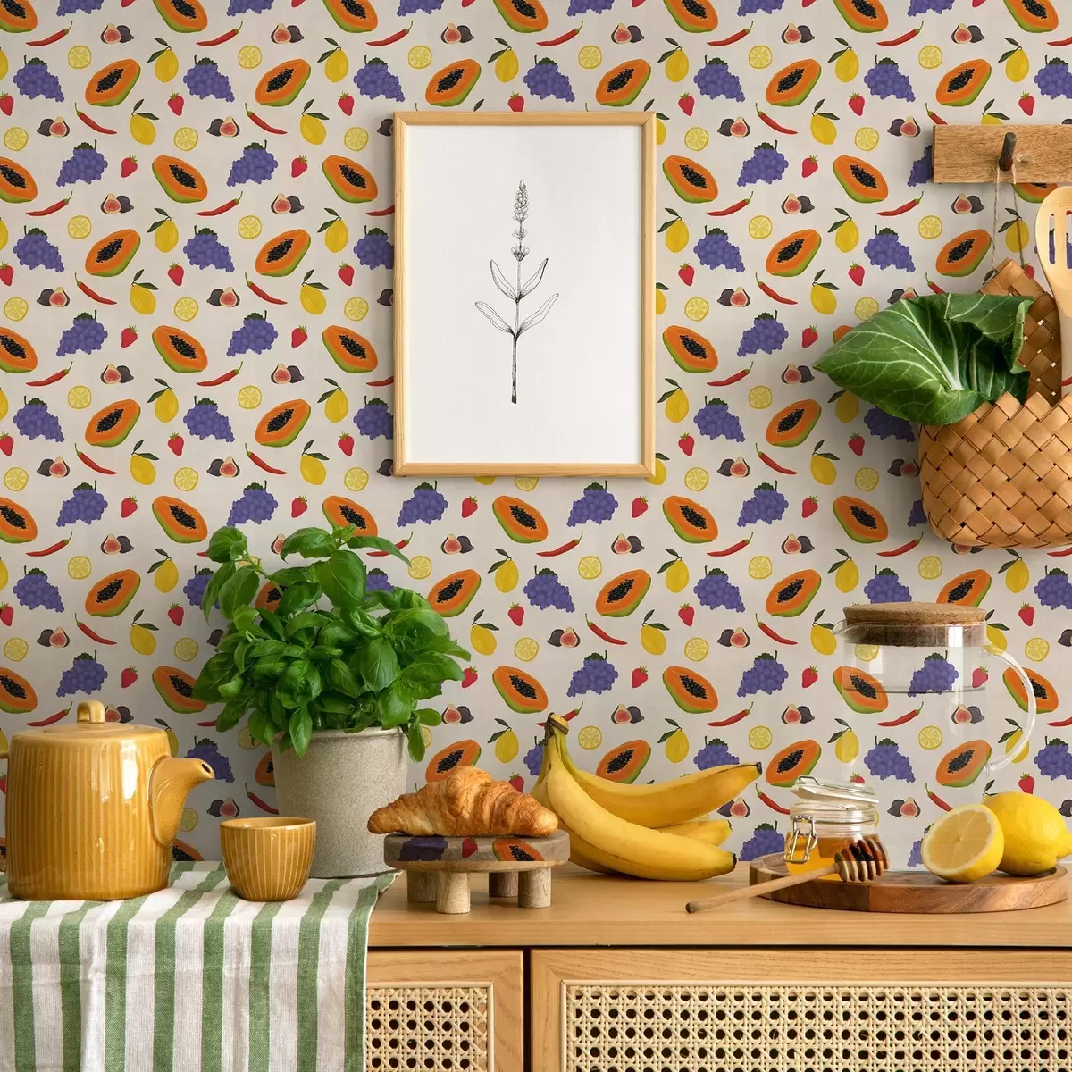 Papier peint Papaye, raisins et citrons — un mélange de fruits colorés a00803