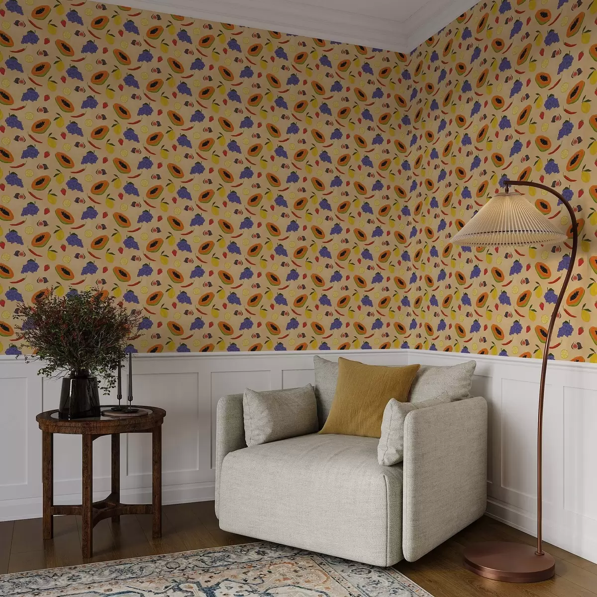 Papier peint Papaye, agrumes et baies sur un fond riche et chaleureux a00803v1