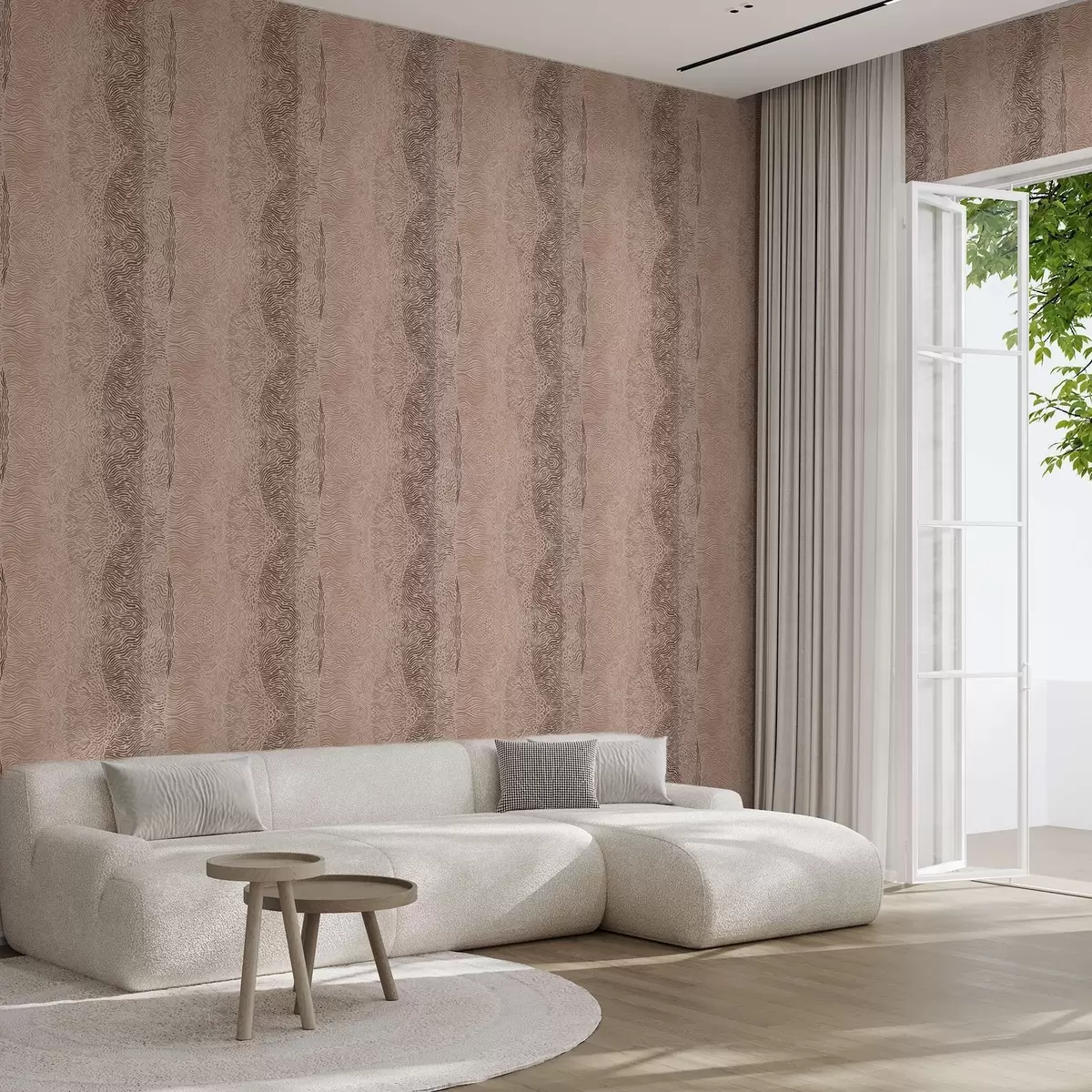 Papier peint Motif géométrique ondulé dans une palette de couleurs beige clair et marron clair a00804