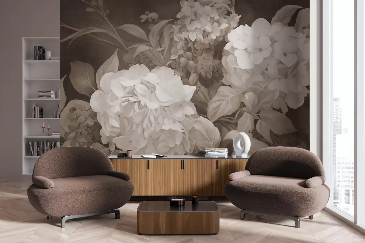 Papier peint Peinture sépia texturée imitant des fleurs d'hortensias à grandes feuilles, sur fond abstrait et sombre w09465