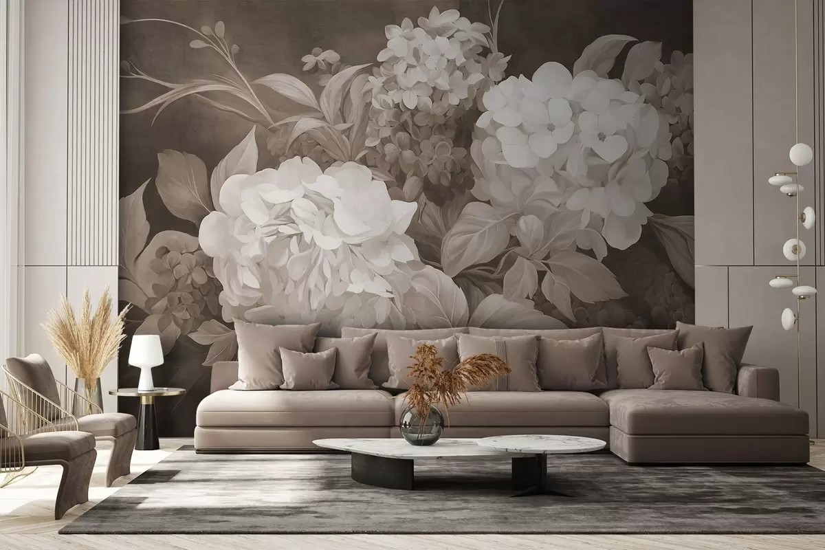 Papier peint Peinture sépia texturée imitant des fleurs d'hortensias à grandes feuilles, sur fond abstrait et sombre w09465