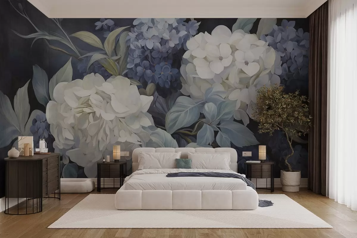 Papier peint Peinture texturée bleu foncé imitant des fleurs d'hortensias avec de grandes feuilles, fond abstrait et sombre w09465v1