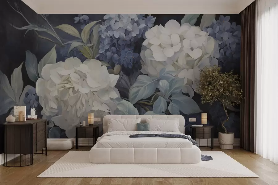Papier peint Peinture texturée bleu foncé imitant des fleurs d'hortensias avec de grandes feuilles, fond abstrait et sombre w09465v1