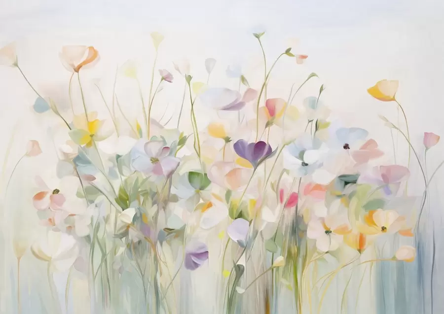 Papier peint Champ abstrait de fleurs colorées à longues tiges et feuilles vertes, texturé, couleurs pastel et claires w09466