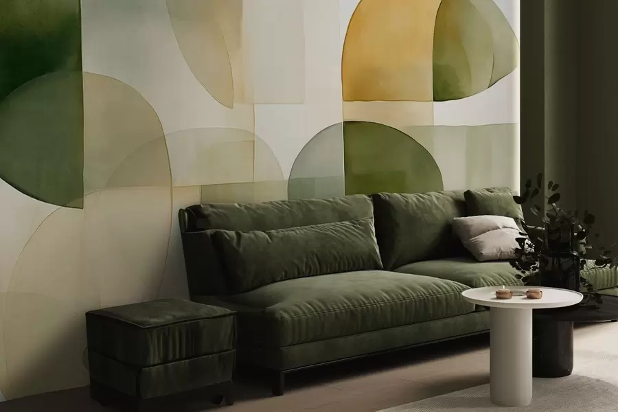 Papier peint Formes abstraites texturées dans des tons verts et jaunes, couleurs douces, composition minimaliste, arrière-plan neutre w09467