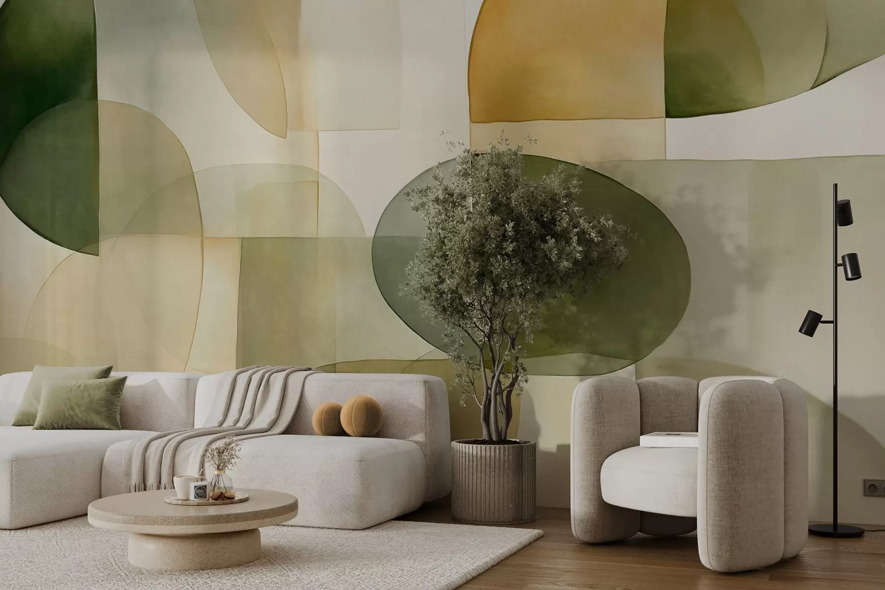 Papier peint Formes abstraites texturées dans des tons verts et jaunes, couleurs douces, composition minimaliste, arrière-plan neutre w09467