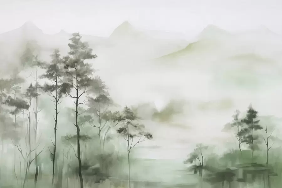 Papier peint Paysage brumeux avec de grands arbres et des montagnes aux tons verts et gris discrets, style minimaliste, texturé w09469