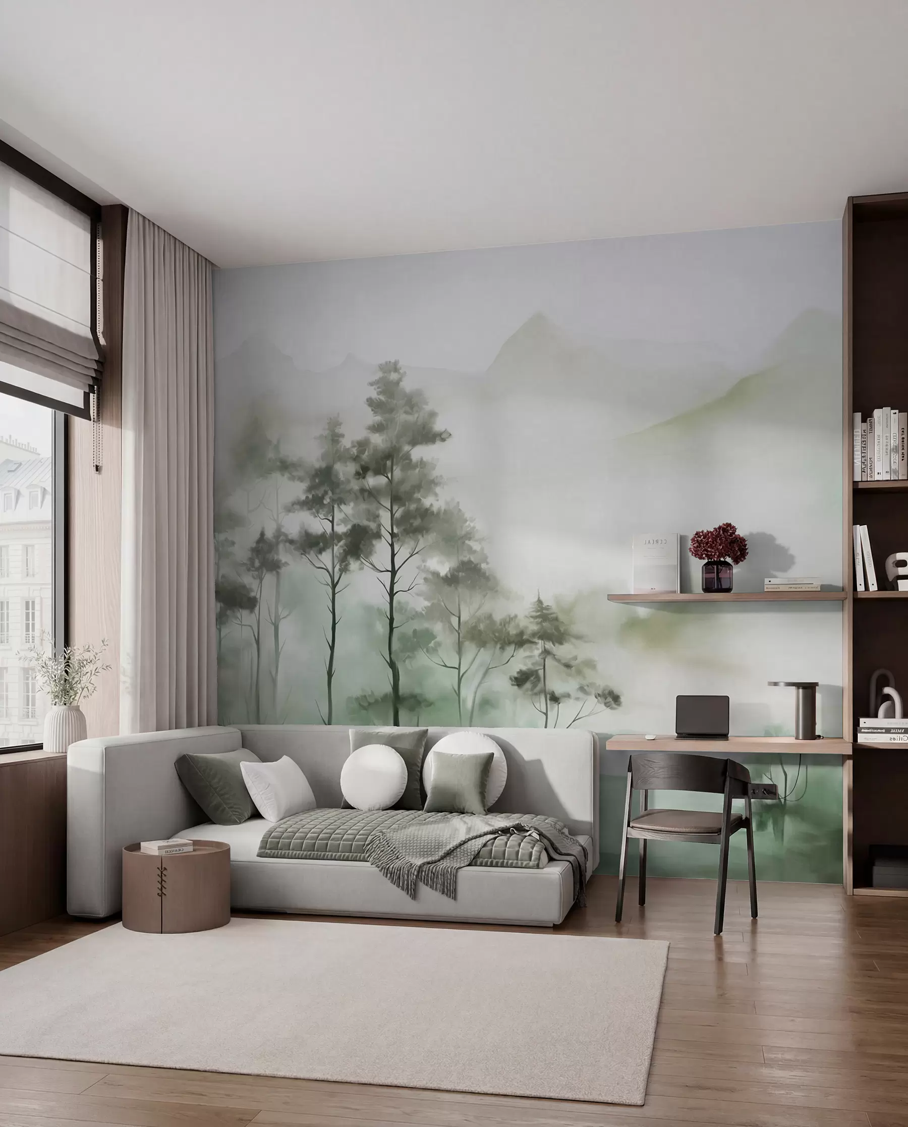 Papier peint Paysage brumeux avec de grands arbres et des montagnes aux tons verts et gris discrets, style minimaliste, texturé w09469