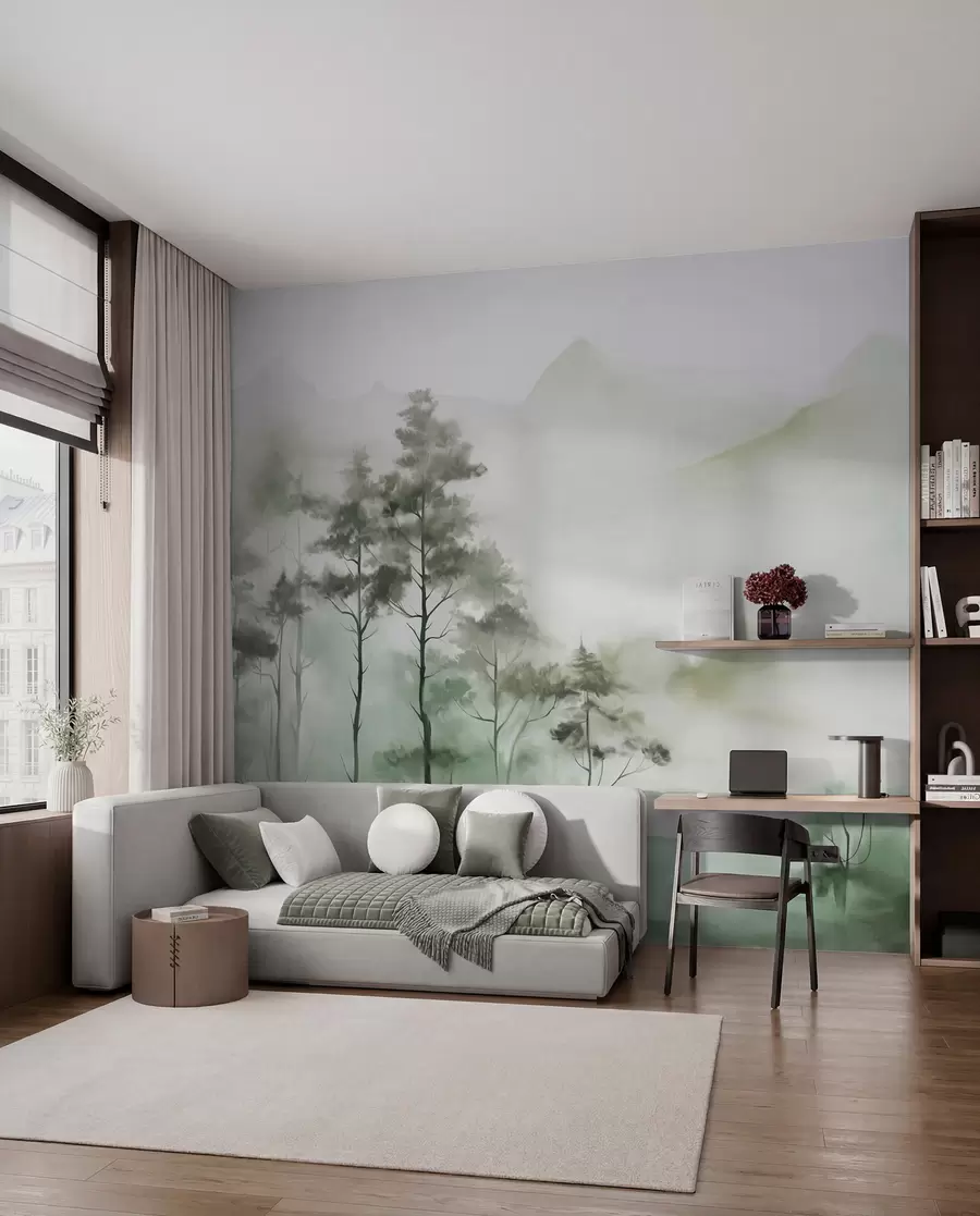 Papier peint Paysage brumeux avec de grands arbres et des montagnes aux tons verts et gris discrets, style minimaliste, texturé w09469