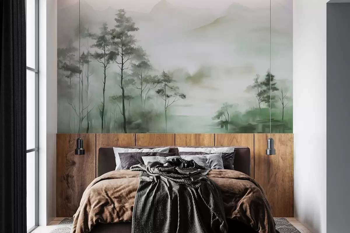 Papier peint Paysage brumeux avec de grands arbres et des montagnes aux tons verts et gris discrets, style minimaliste, texturé w09469 buy France - Uwalls.fr Papier peint Paysage brumeux avec de grands arbres et des montagnes aux tons verts et gris discrets, style minimaliste, texturé w09469