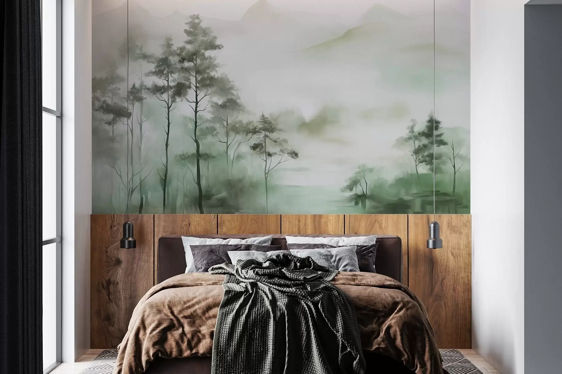 Papier peint Paysage brumeux avec de grands arbres et des montagnes aux tons verts et gris discrets, style minimaliste, texturé w09469