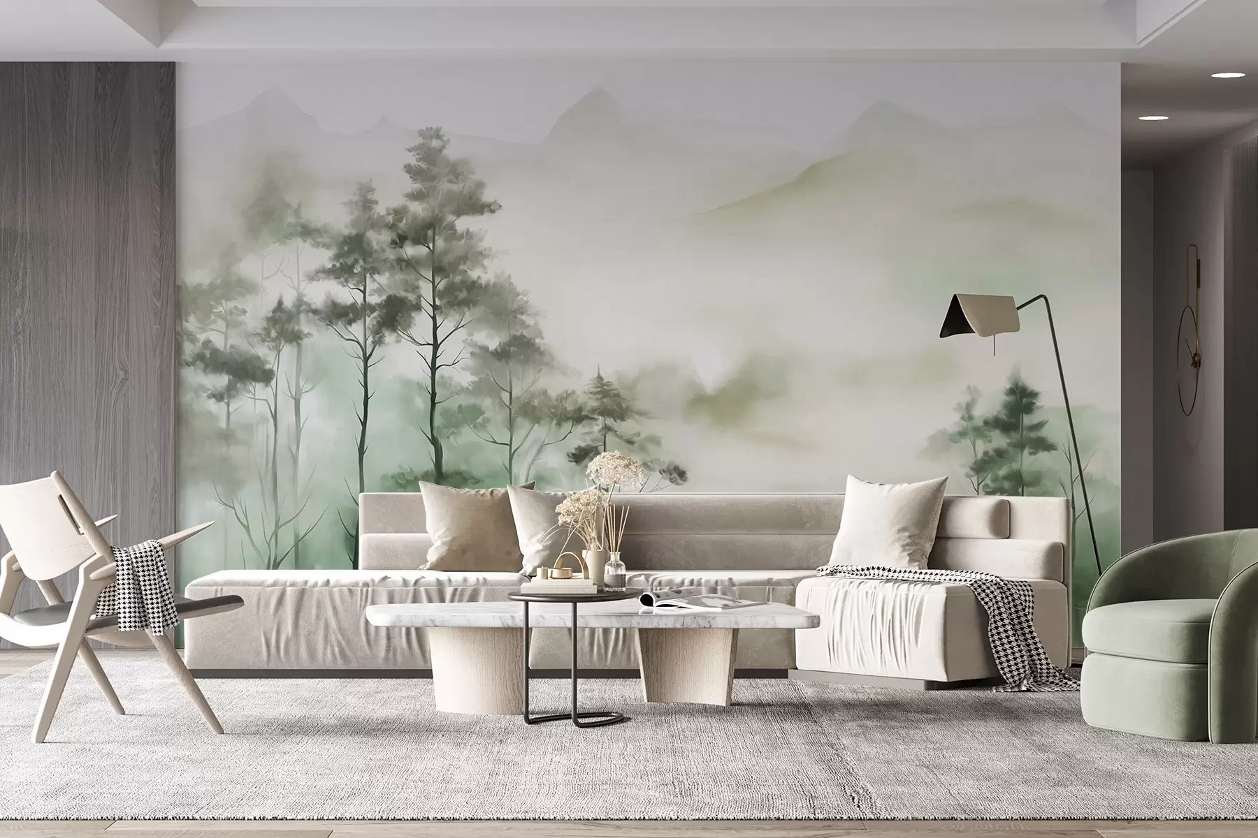 Papier peint Paysage brumeux avec de grands arbres et des montagnes aux tons verts et gris discrets, style minimaliste, texturé w09469