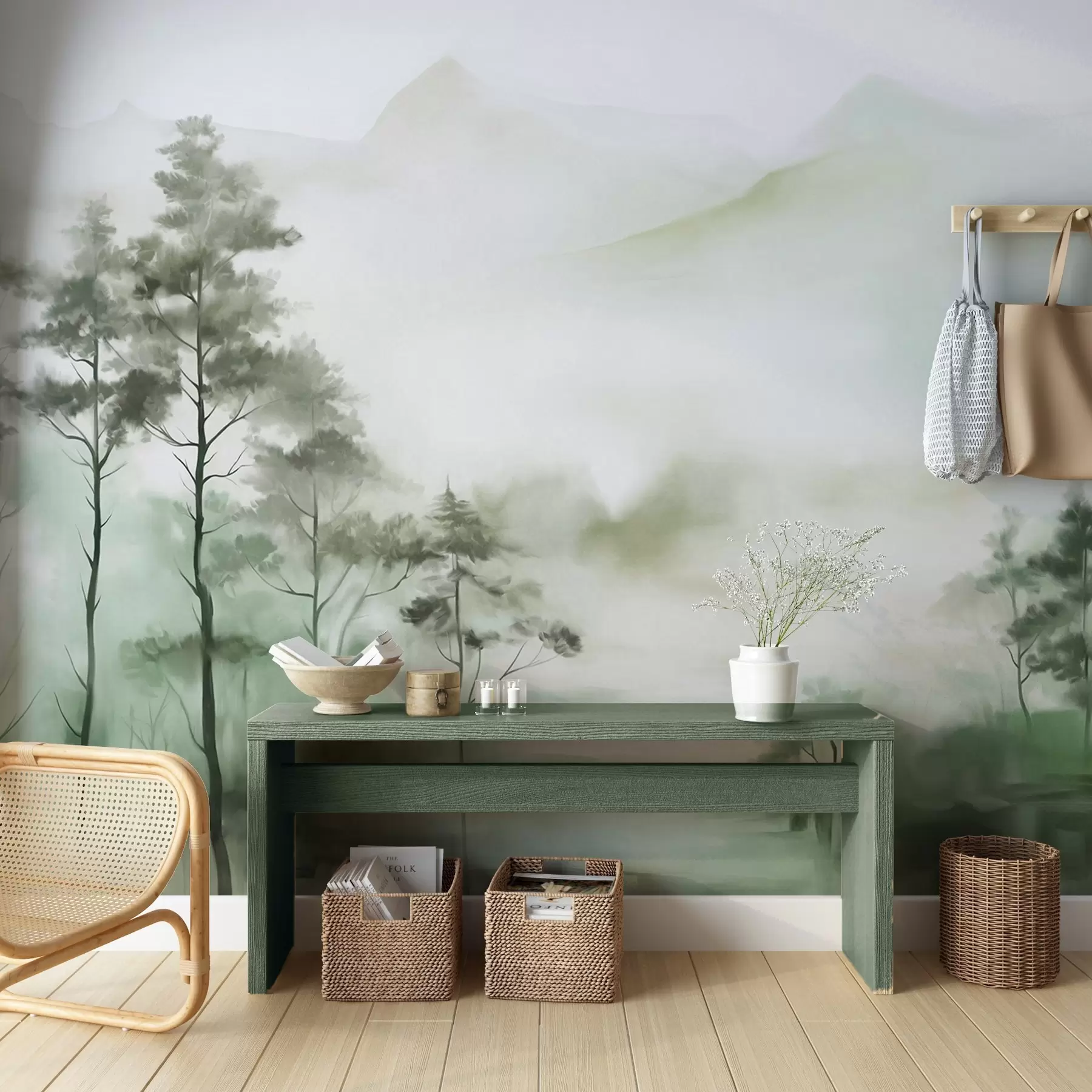 Papier peint Paysage brumeux avec de grands arbres et des montagnes aux tons verts et gris discrets, style minimaliste, texturé w09469