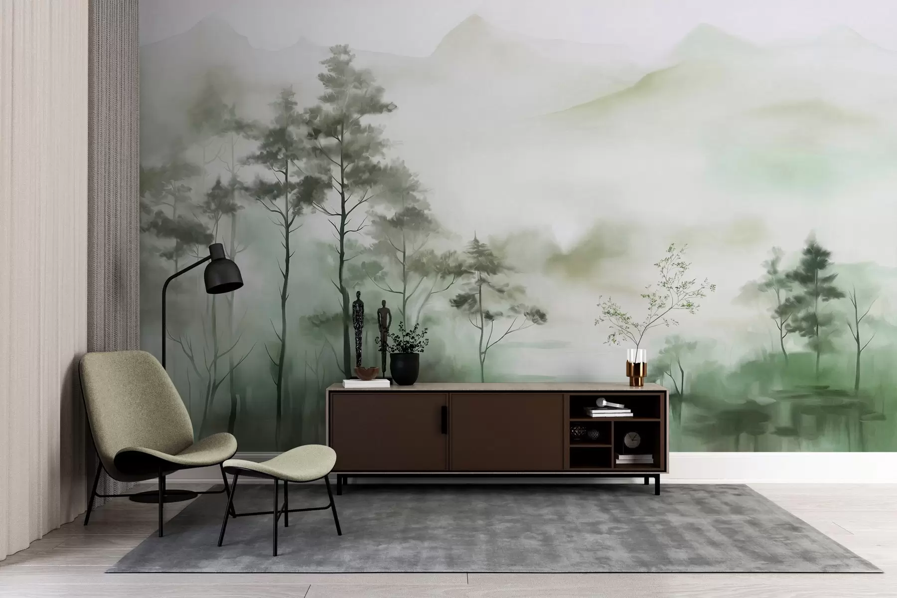 Papier peint Paysage brumeux avec de grands arbres et des montagnes aux tons verts et gris discrets, style minimaliste, texturé w09469