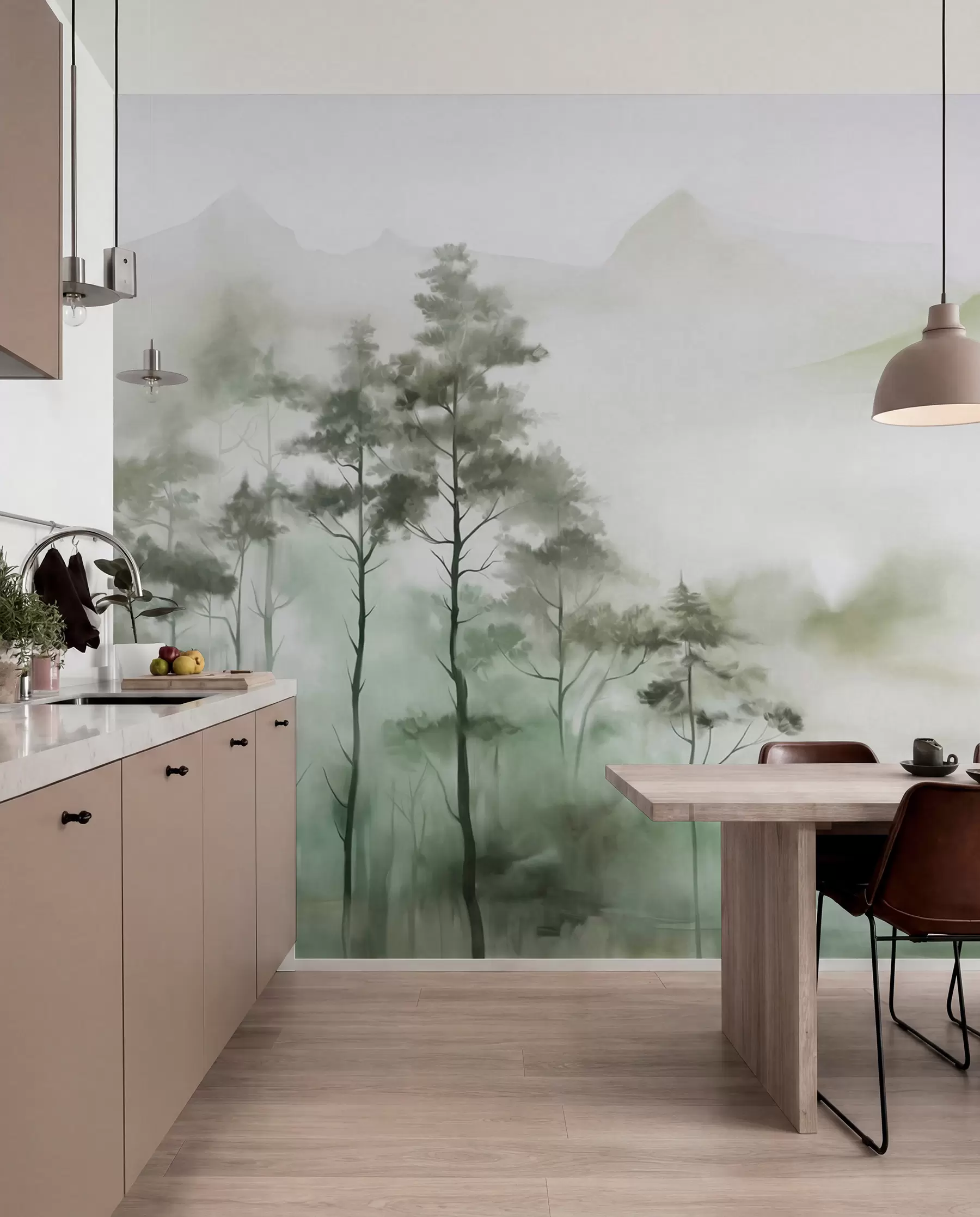 Papier peint Paysage brumeux avec de grands arbres et des montagnes aux tons verts et gris discrets, style minimaliste, texturé w09469