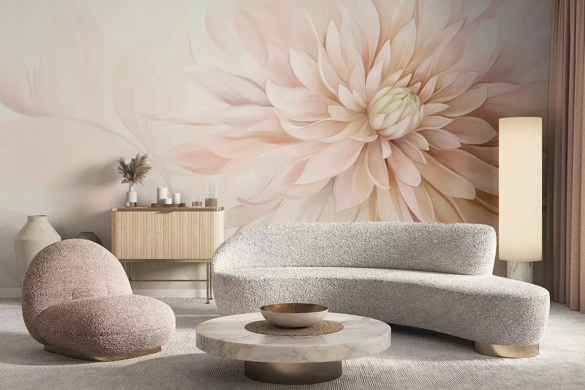 Papier peint Une fleur de dahlia rose pâle aux nombreux pétales, sur un fond pastel à la texture douce avec des touches de vert et de beige w09470