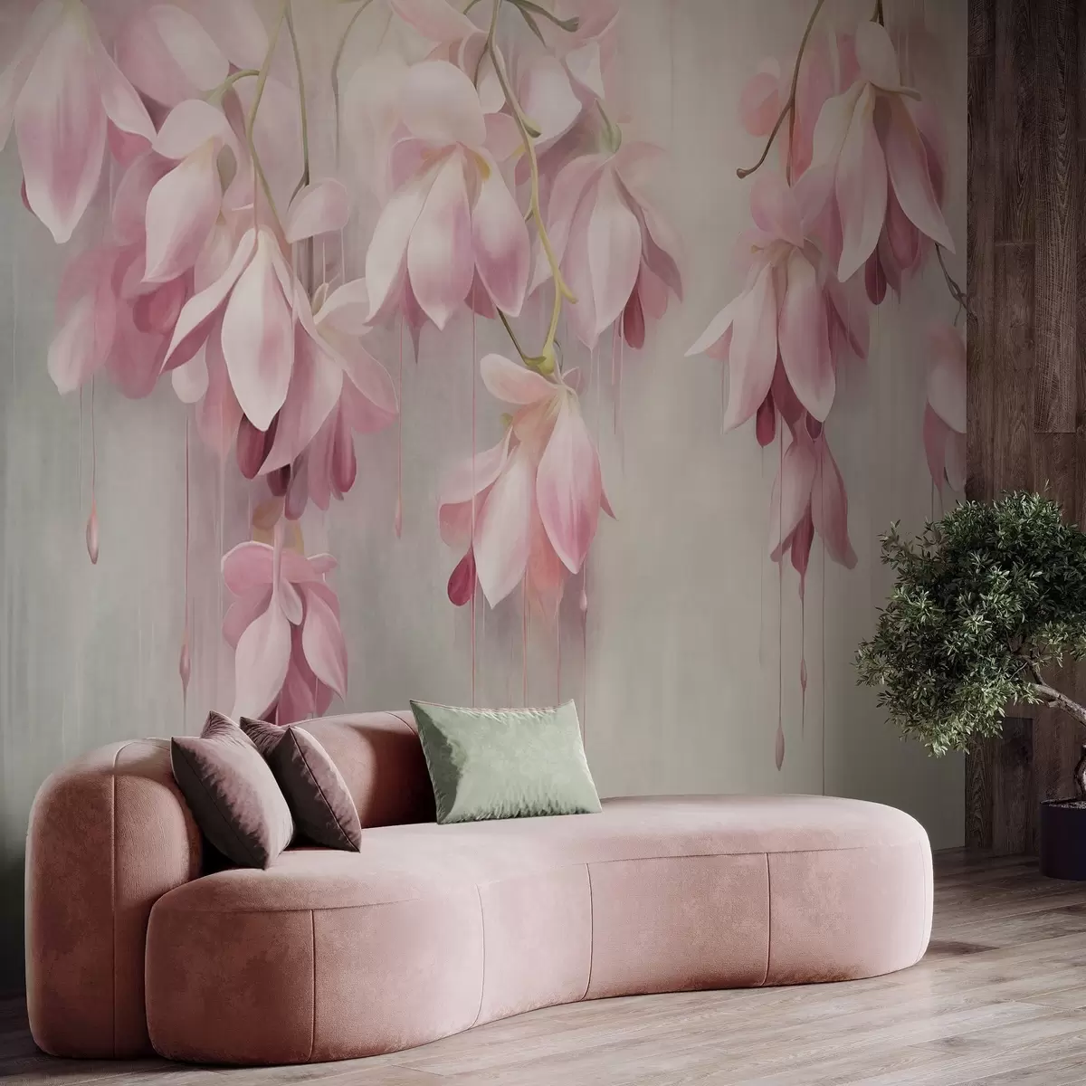 Papier peint Fleurs roses suspendues, fond gris clair, composition florale texturée, art botanique, couleurs pastel w09471