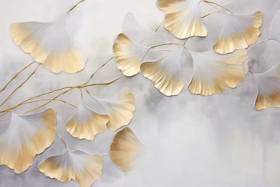 Papier peint Feuilles de ginkgo biloba aux bords jaunes sur une branche, fond texturé gris, design élégant et minimaliste w09472