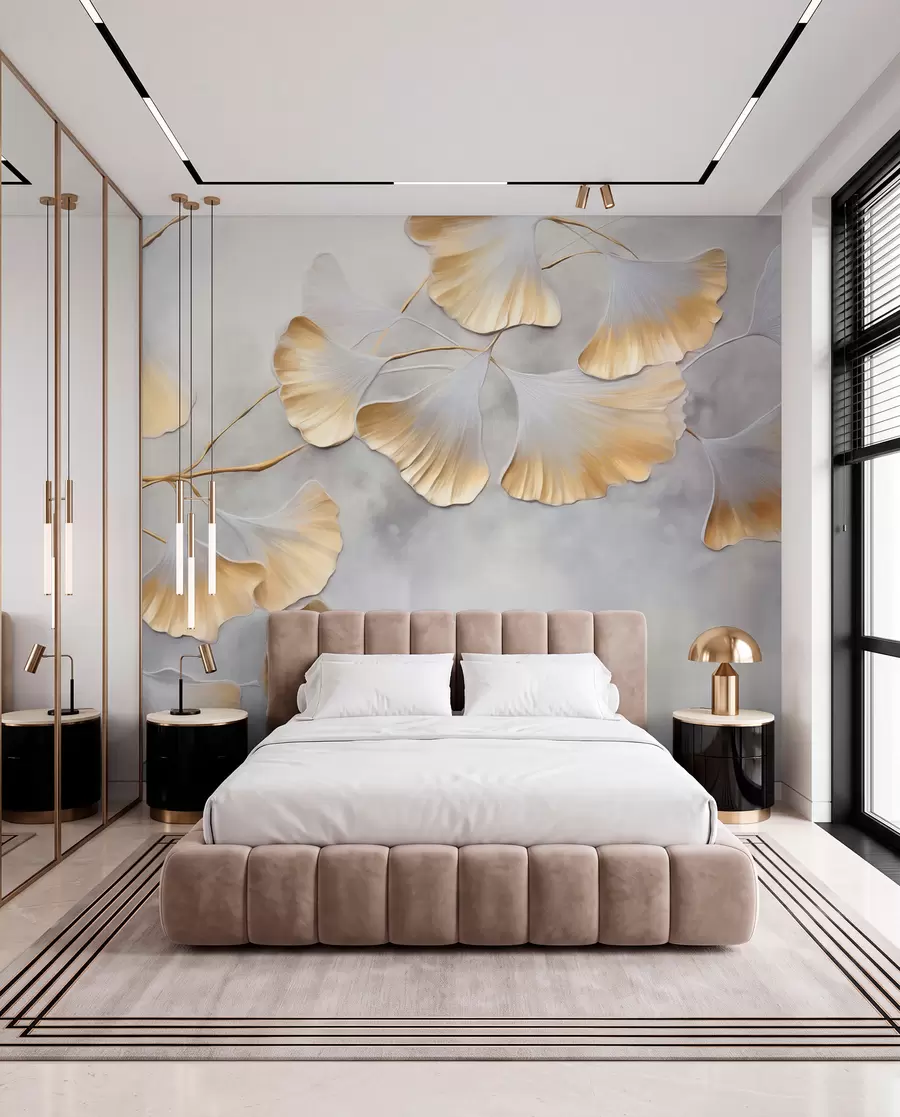 Papier peint Feuilles de ginkgo biloba aux bords jaunes sur une branche, fond texturé gris, design élégant et minimaliste w09472