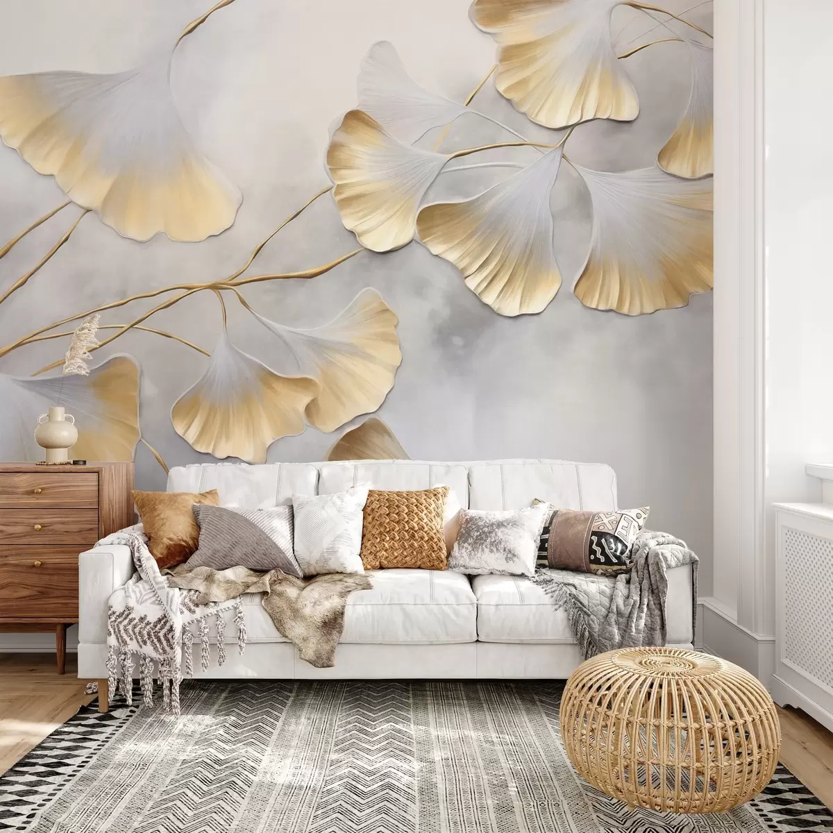 Papier peint Feuilles de ginkgo biloba aux bords jaunes sur une branche, fond texturé gris, design élégant et minimaliste w09472