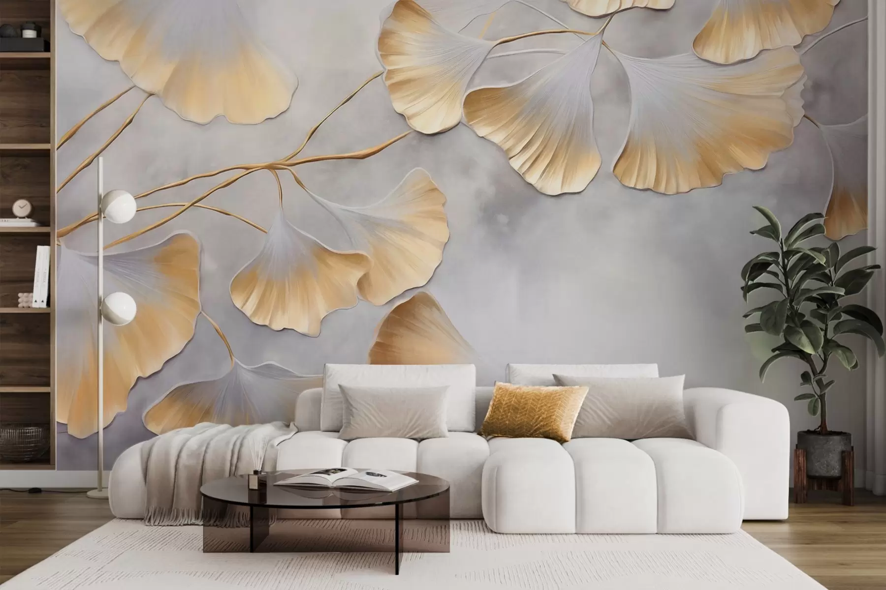 Papier peint Feuilles de ginkgo biloba aux bords jaunes sur une branche, fond texturé gris, design élégant et minimaliste w09472
