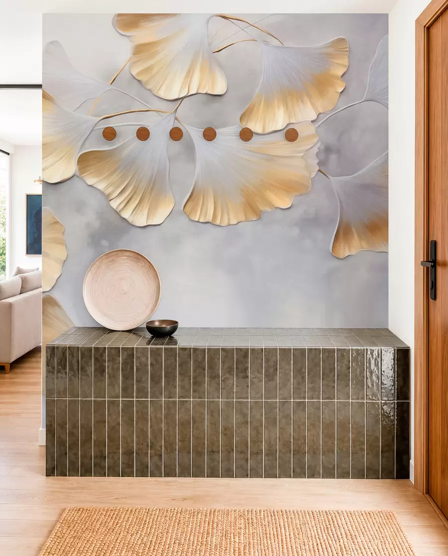 Papier peint Feuilles de ginkgo biloba aux bords jaunes sur une branche, fond texturé gris, design élégant et minimaliste w09472
