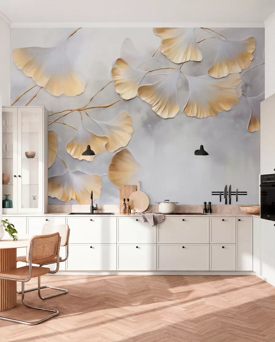 Papier peint Feuilles de ginkgo biloba aux bords jaunes sur une branche, fond texturé gris, design élégant et minimaliste w09472