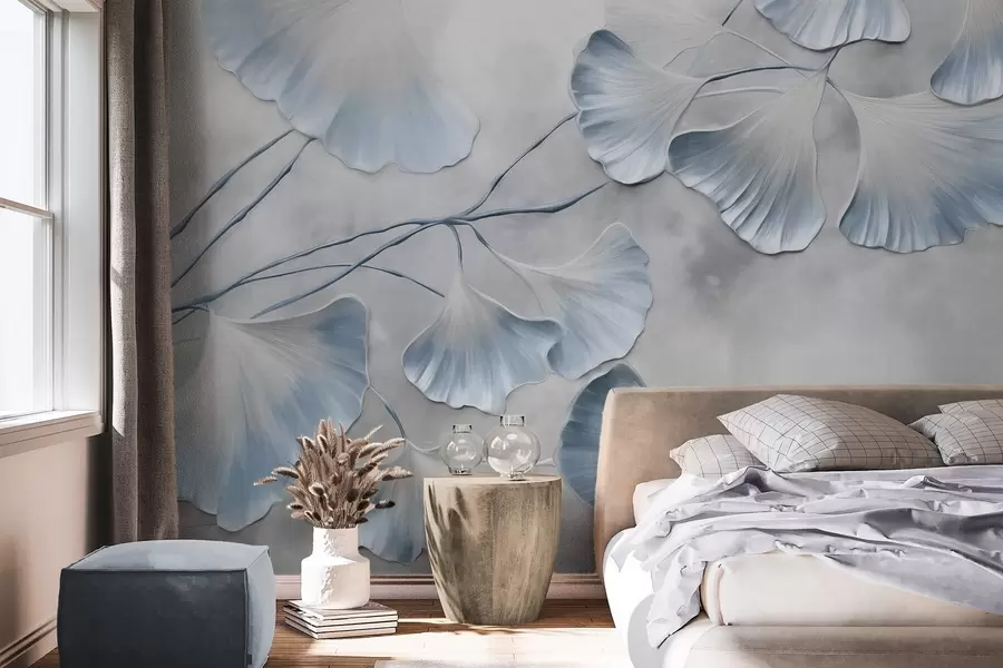 Papier peint Feuilles de ginkgo biloba aux bords bleus sur une branche, fond texturé gris, design élégant et minimaliste w09472v1